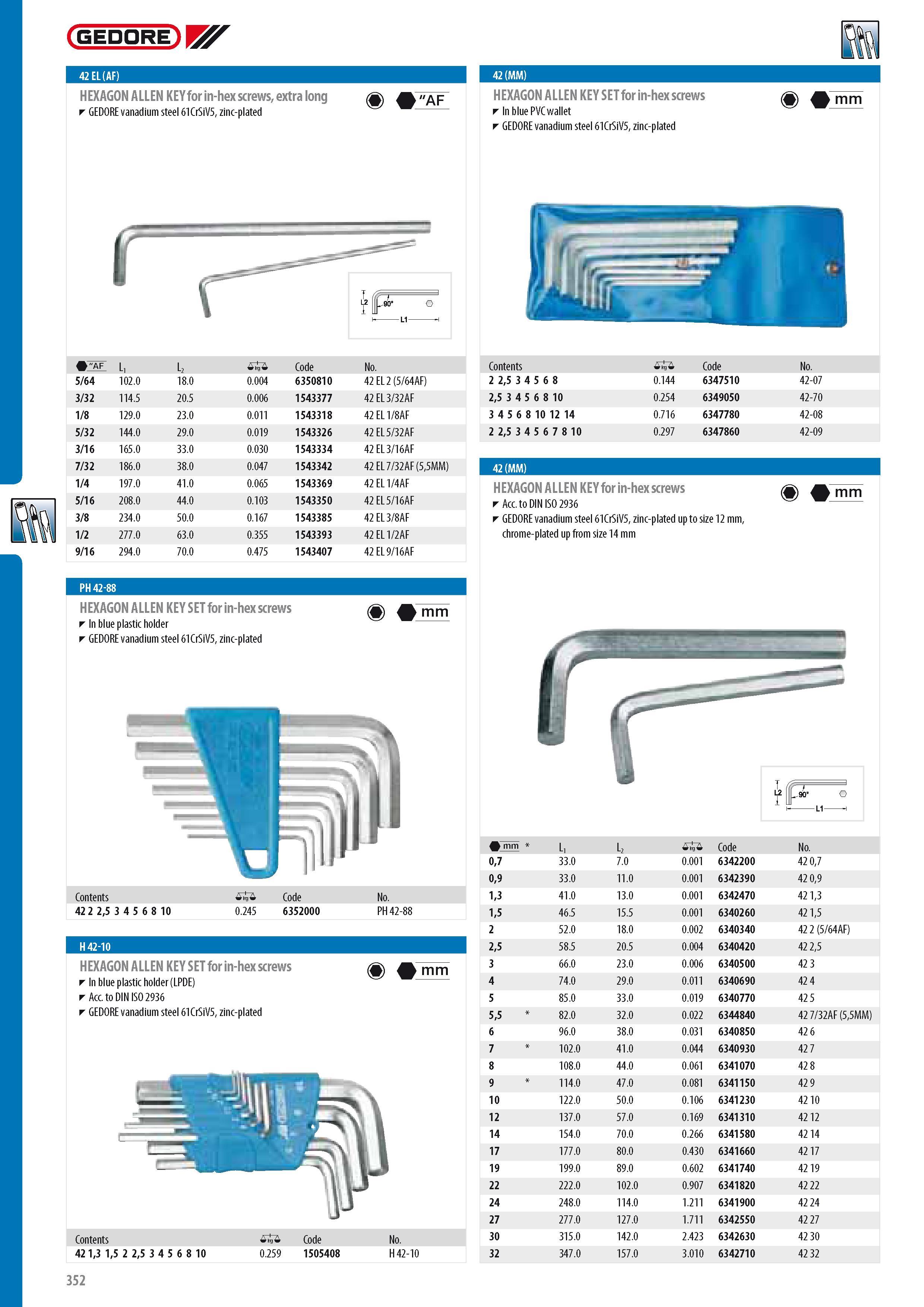 354 GEDORE 42 EL(AF) HEXAGON ALLEN KEY for in-hex screws extra long GEDORE vanadium steel 61CrSiV5 zinc-plated 5 AF HEXAGON ALLEN KEY SET for in-hex screws In Каталог GEDORE 2014 Профессиональный слесарный инструмент и оборудование для мастерских и машиностроительных производств Стр. 352 ENG