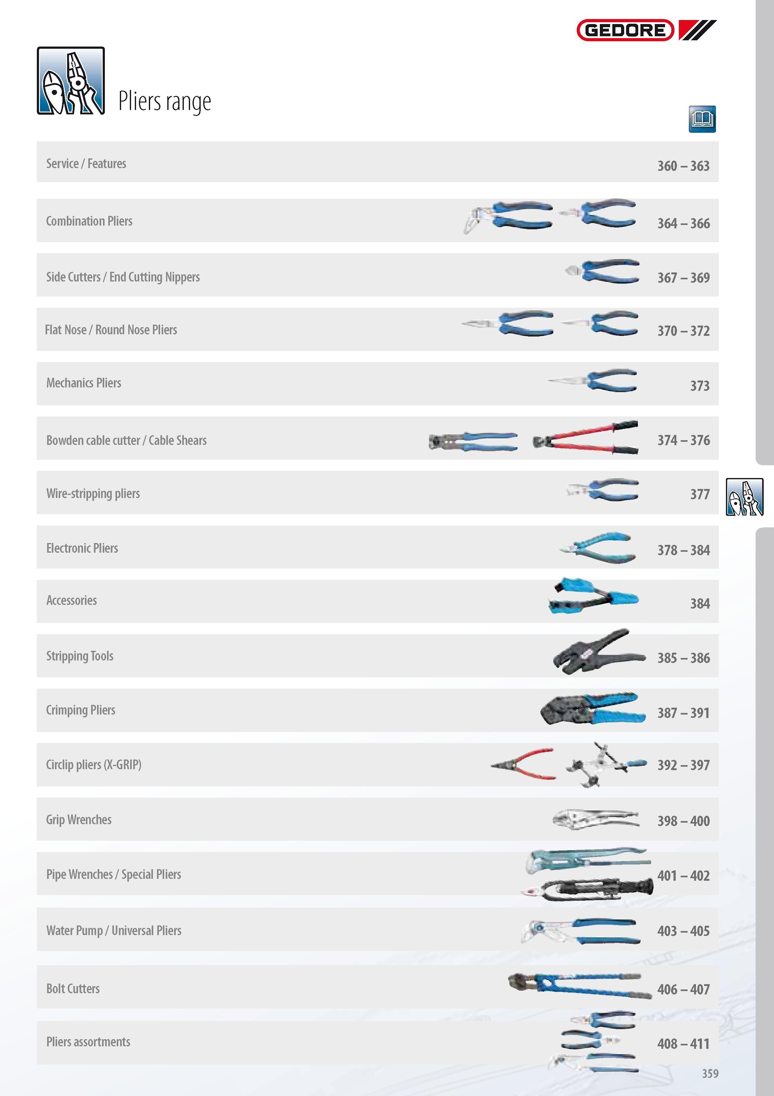 361 Pliers range GEDORE ES Service Features 360 - 363 Combination Pliers Side Cutters End Cutting Nippers Flat Nose Round Nose Pliers Mechanics Pliers Bowden c Каталог GEDORE 2014 Профессиональный слесарный инструмент и оборудование для мастерских и машиностроительных производств Стр. 359 ENG