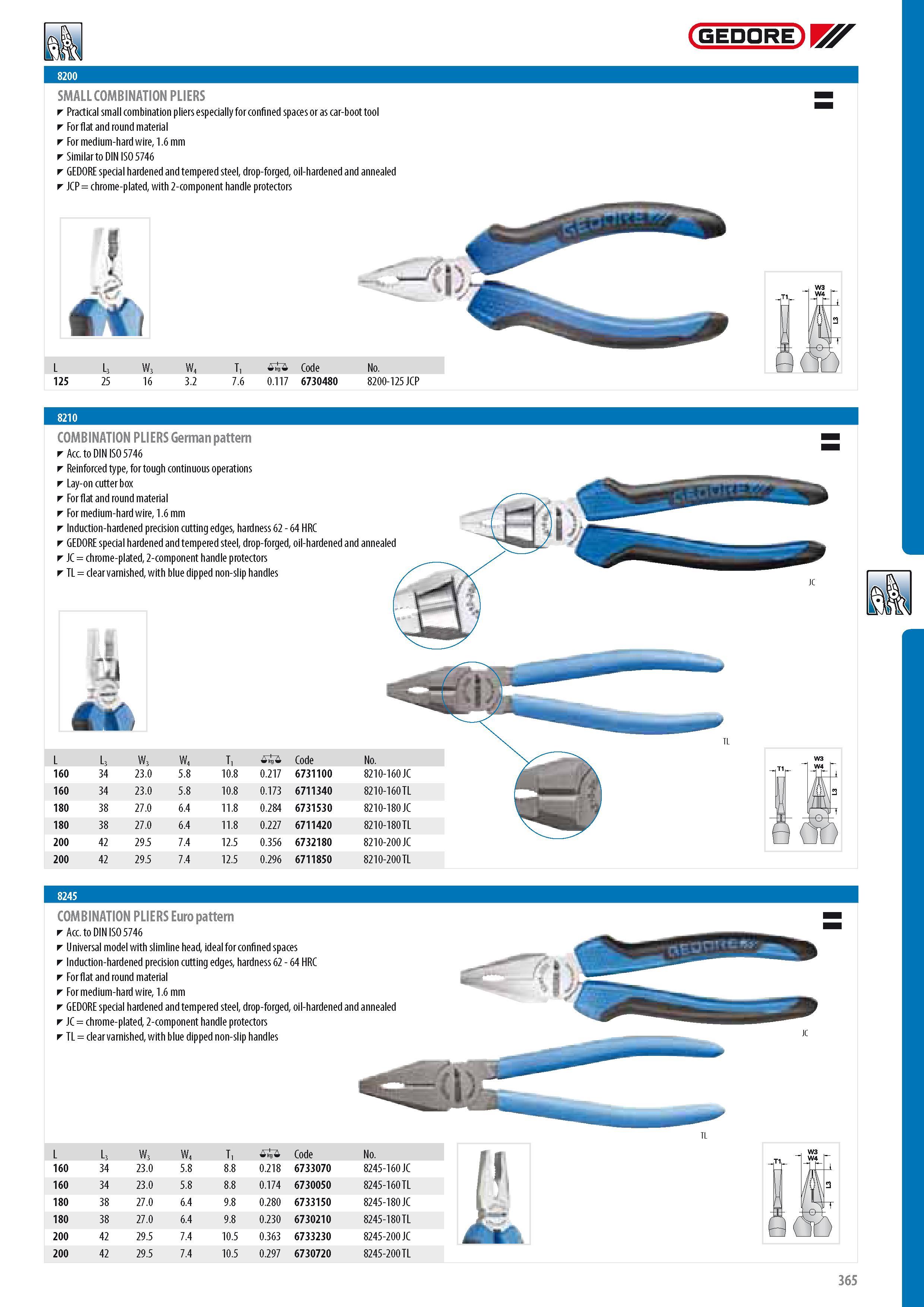 367 GEDORE SMALL COMBINATION PLIERS Practical small combination pliers especially for confined spaces or as car-boot tool For flat and round material For mediu Каталог GEDORE 2014 Профессиональный слесарный инструмент и оборудование для мастерских и машиностроительных производств Стр. 365 ENG