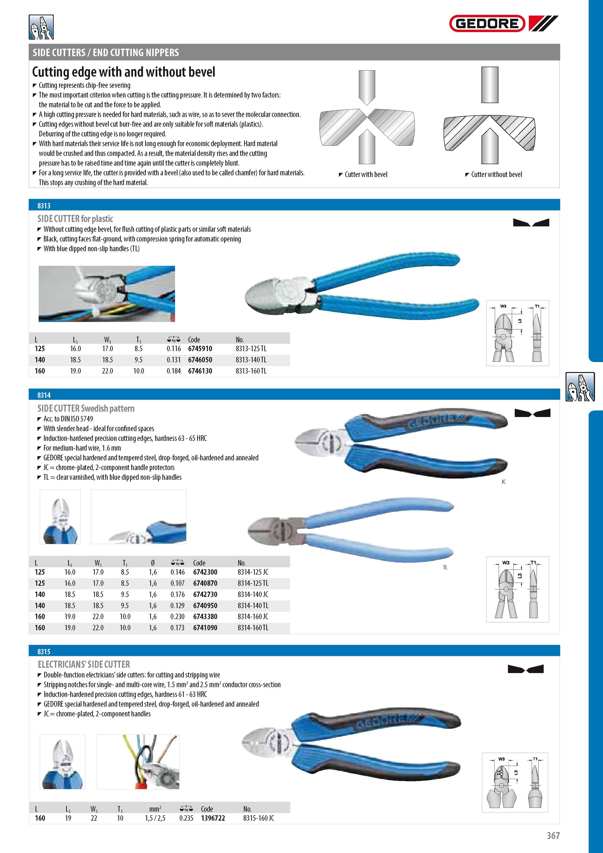 369 GEDORE SIDE CUTTERS END CUTTING NIPPERS Cutting edge with and without bevel Cutting represents chip-free severing The most important criterion when cutting Каталог GEDORE 2014 Профессиональный слесарный инструмент и оборудование для мастерских и машиностроительных производств Стр. 367 ENG