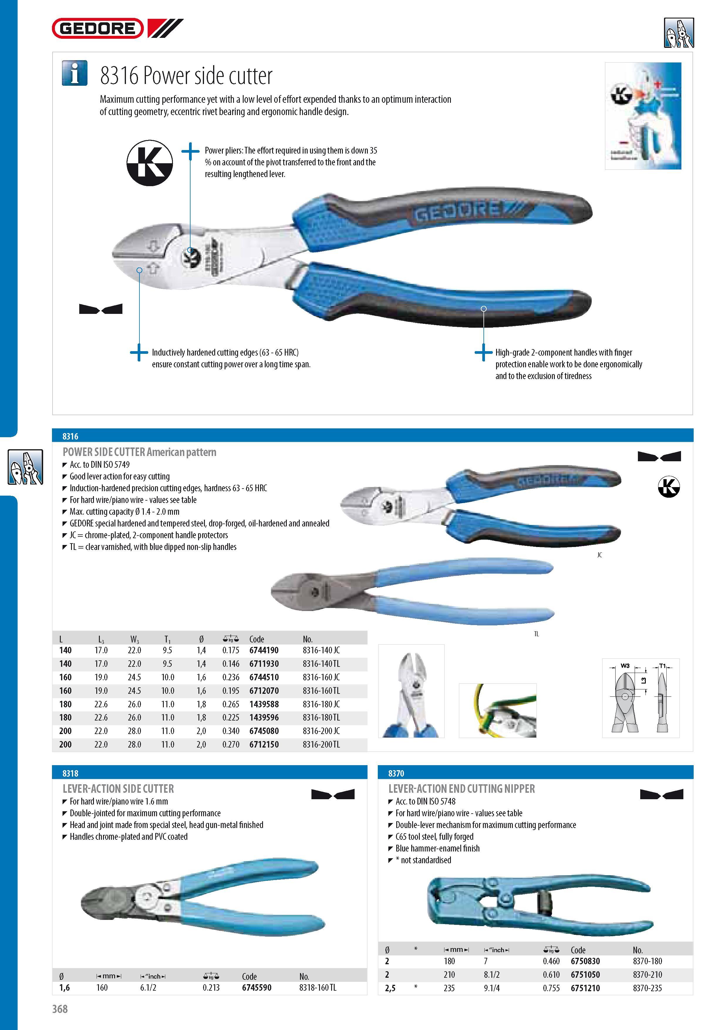370 GEDORE POWER SIDE CUTTER American pattern Acc to DIN ISO 5749 Good lever action for easy cutting Induction-hardened precision cutting edges hardness 63 - 6 Каталог GEDORE 2014 Профессиональный слесарный инструмент и оборудование для мастерских и машиностроительных производств Стр. 368 ENG