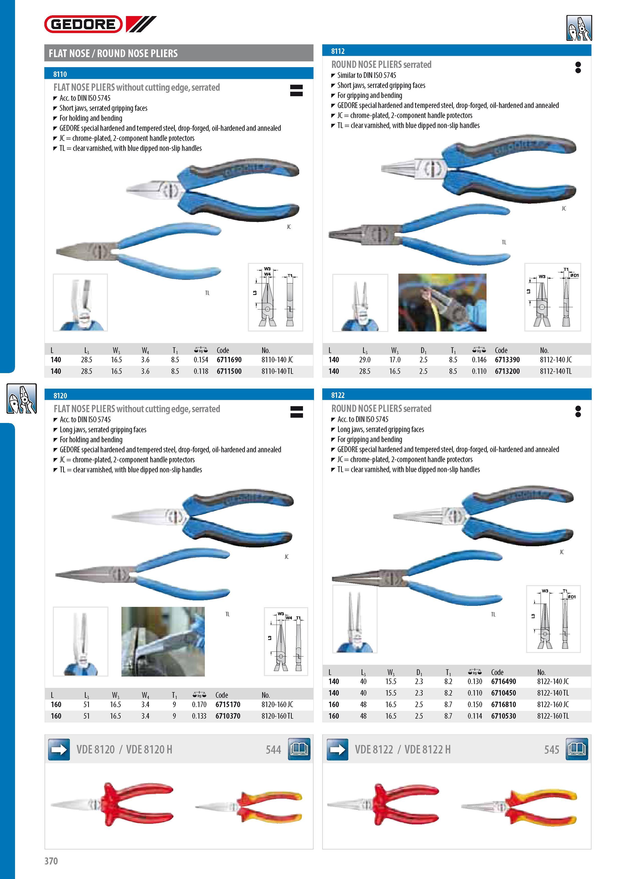 372 GEDORE FLAT NOSE ROUND NOSE PLIERS FLAT NOSE PLIERS without cutting edge serrated Acc to DIN ISO 5745 Short jaws serrated gripping faces For holding and be Каталог GEDORE 2014 Профессиональный слесарный инструмент и оборудование для мастерских и машиностроительных производств Стр. 370 ENG