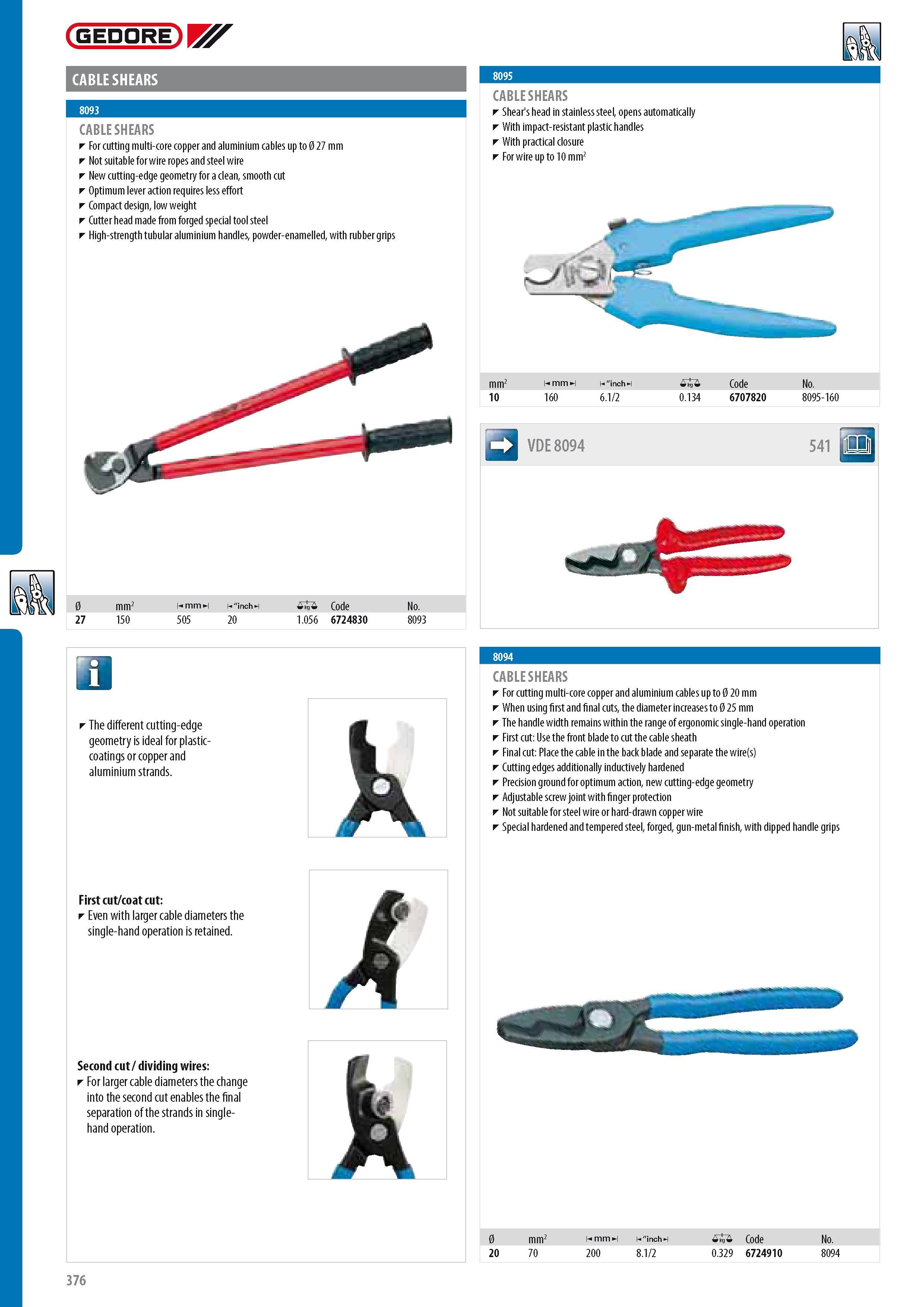 378 GEDORE CABLE SHEARS CABLE SHEARS For cutting multi-core copper and aluminium cables up to 0 27 mm Not suitable for wire ropes and steel wire New cutting-ed Каталог GEDORE 2014 Профессиональный слесарный инструмент и оборудование для мастерских и машиностроительных производств Стр. 376 ENG