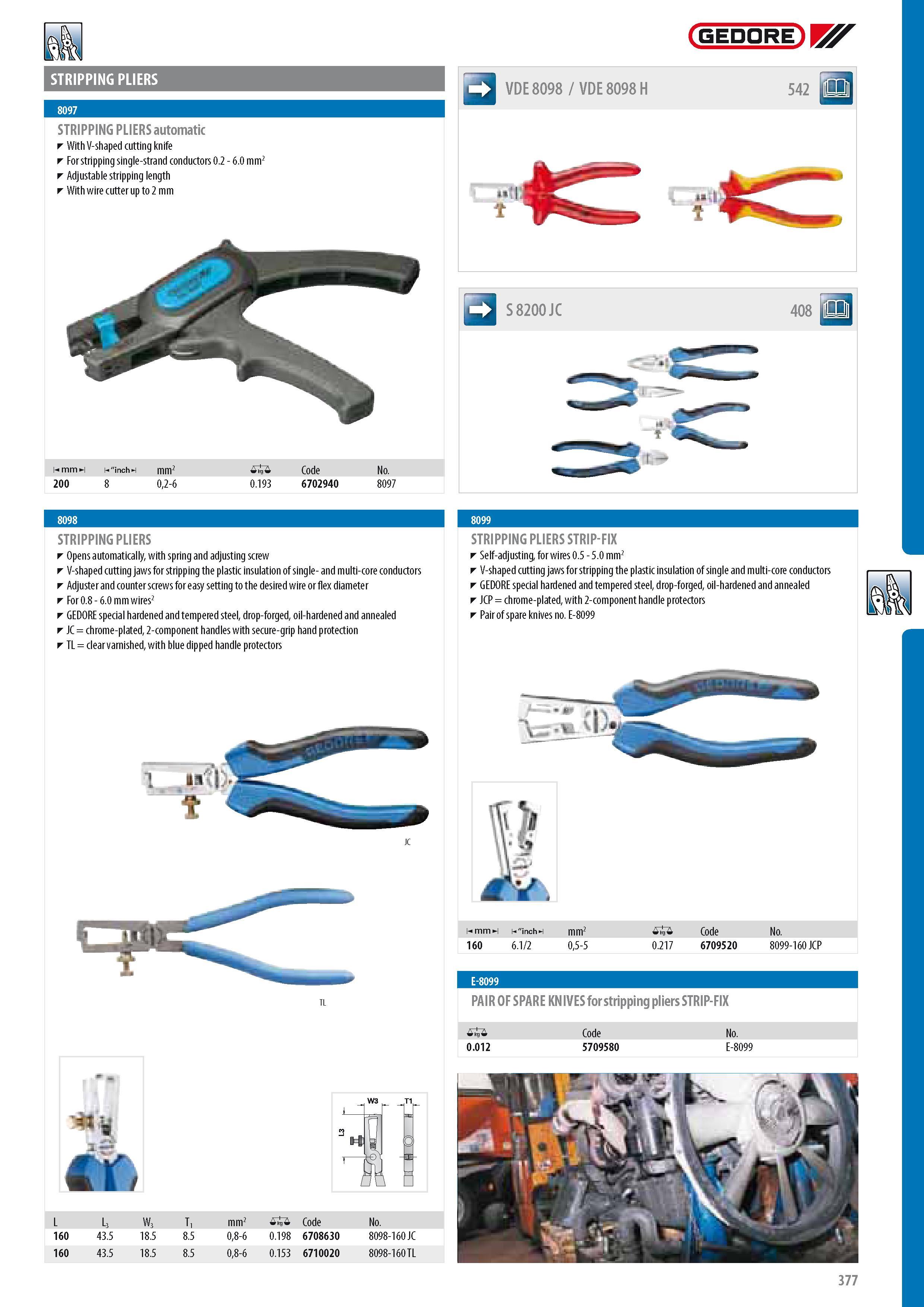 379 GEDORE STRIPPING PLIERS STRIPPING PLIERS automatic With V-shaped cutting knife For stripping single-strand conductors 0 2 - 6 0 mm2 Adjustable stripping le Каталог GEDORE 2014 Профессиональный слесарный инструмент и оборудование для мастерских и машиностроительных производств Стр. 377 ENG