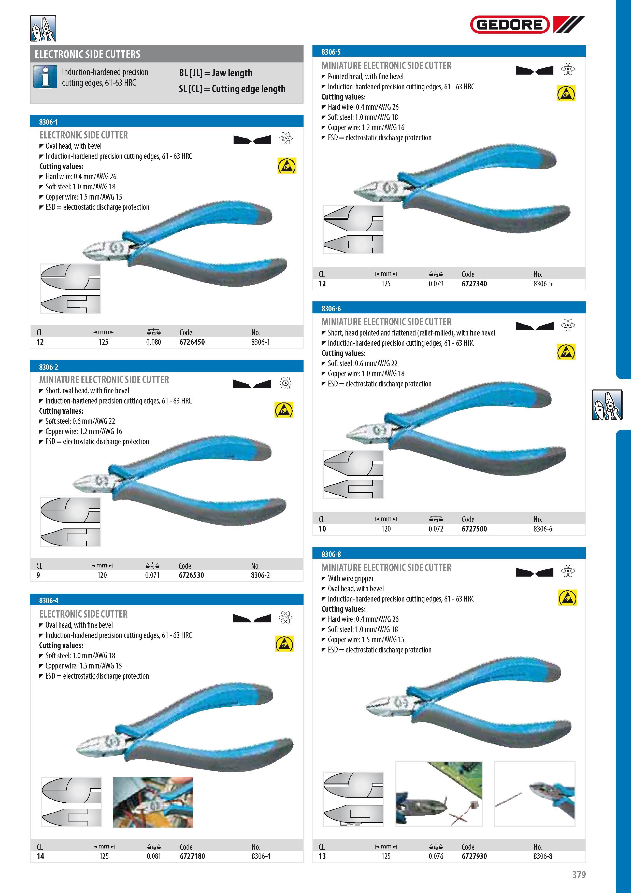 381 ELECTRONIC SIDE CUTTERS Induction-hardened precision cutting edges 61-63 HRC BL JL Jaw length SL CL Cutting edge length ELECTRONIC SIDE CUTTER Oval head wi Каталог GEDORE 2014 Профессиональный слесарный инструмент и оборудование для мастерских и машиностроительных производств Стр. 379 ENG