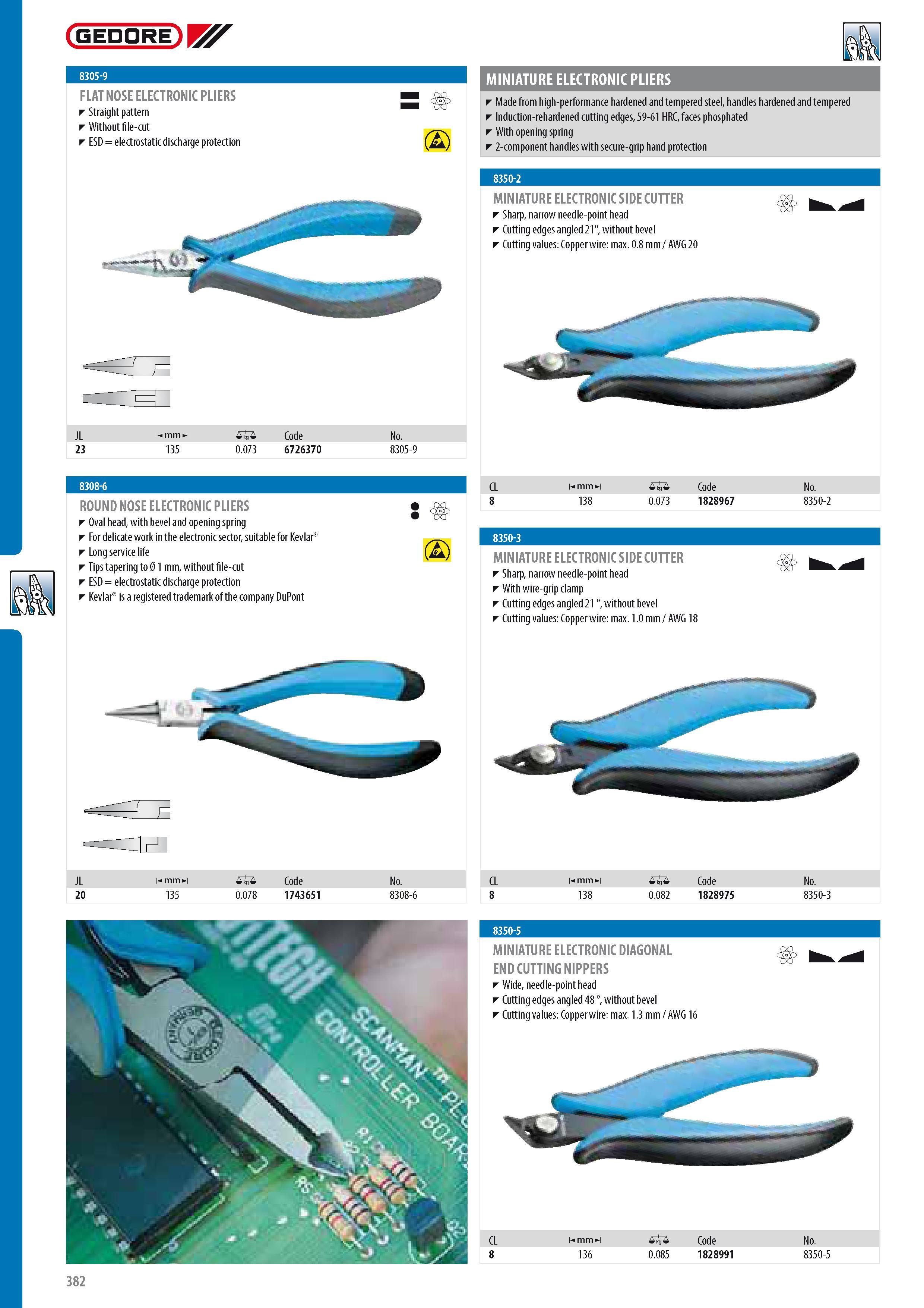384 GEDORE FLAT NOSE ELECTRONIC PLIERS Straight pattern Without file-cut ESD electrostatic discharge protection (2) MINIATURE ELECTRONIC PLIERS Made from high- Каталог GEDORE 2014 Профессиональный слесарный инструмент и оборудование для мастерских и машиностроительных производств Стр. 382 ENG