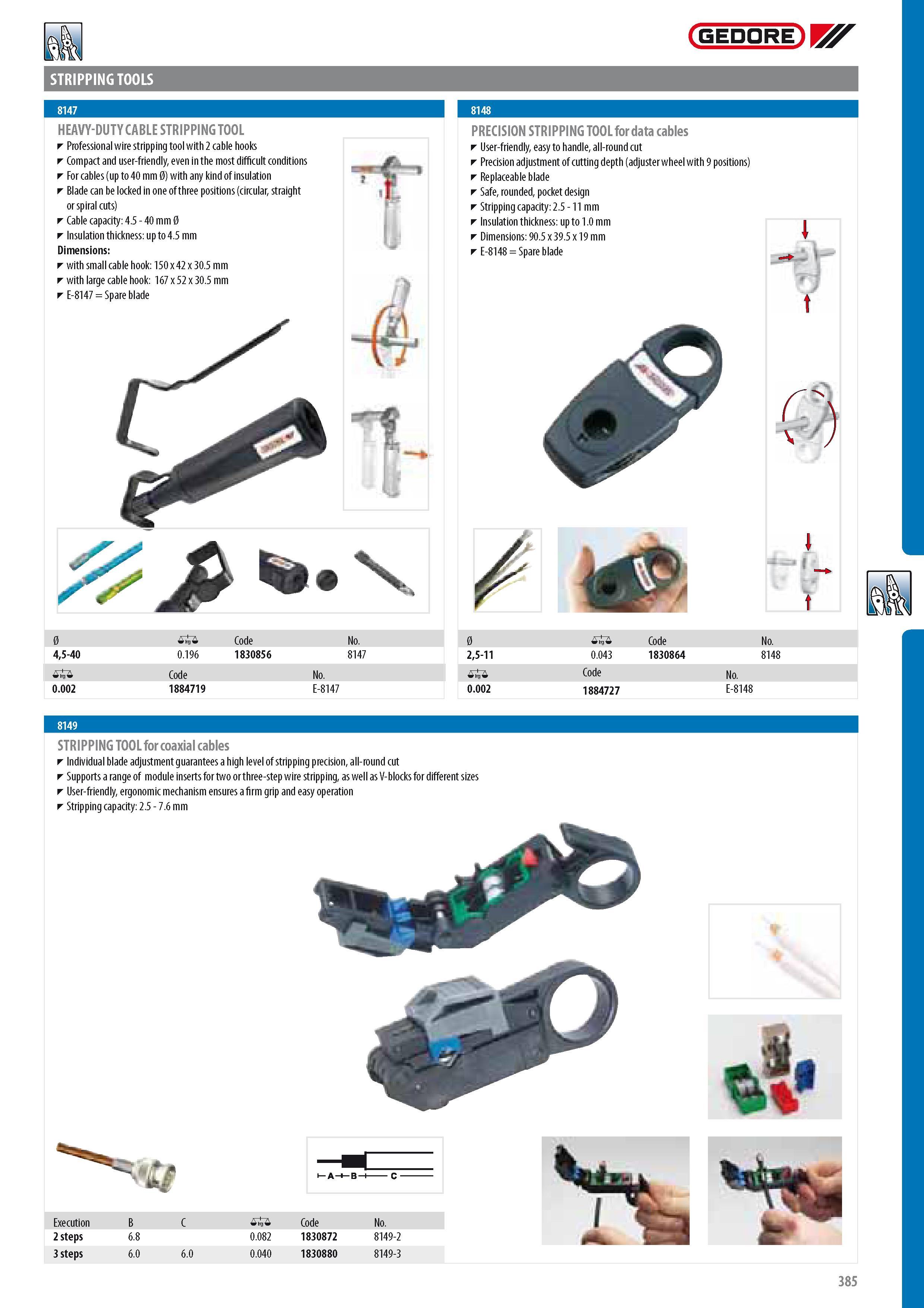 387 STRIPPING TOOLS GEDORE HEAVY-DUTY CABLE STRIPPING TOOL Professional wire stripping tool with 2 cable hooks Compact and user-friendly even in the most diffi Каталог GEDORE 2014 Профессиональный слесарный инструмент и оборудование для мастерских и машиностроительных производств Стр. 385 ENG