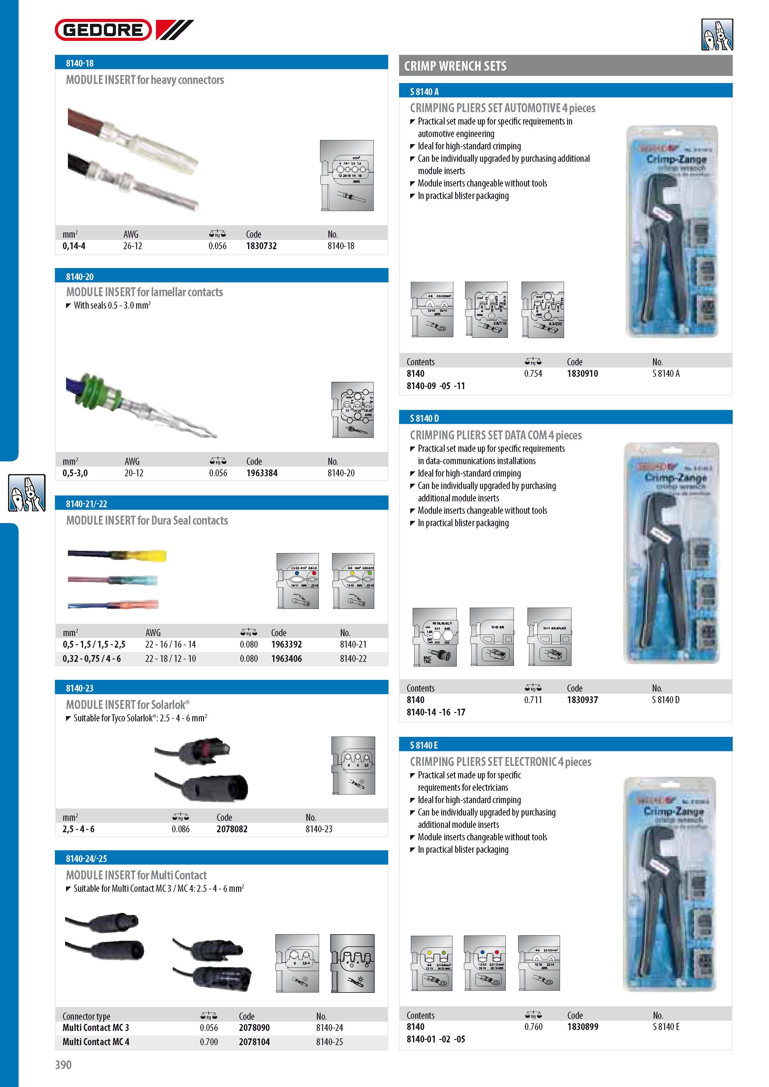 392 GEDORE CRIMP WRENCH SETS MODULE INSERT for heavy connectors mm2 AWG 0 Code No 014-4 26-12 0 056 1830732 8140-18 8140-20 MODULE INSERT for lamellar contacts Каталог GEDORE 2014 Профессиональный слесарный инструмент и оборудование для мастерских и машиностроительных производств Стр. 390 ENG