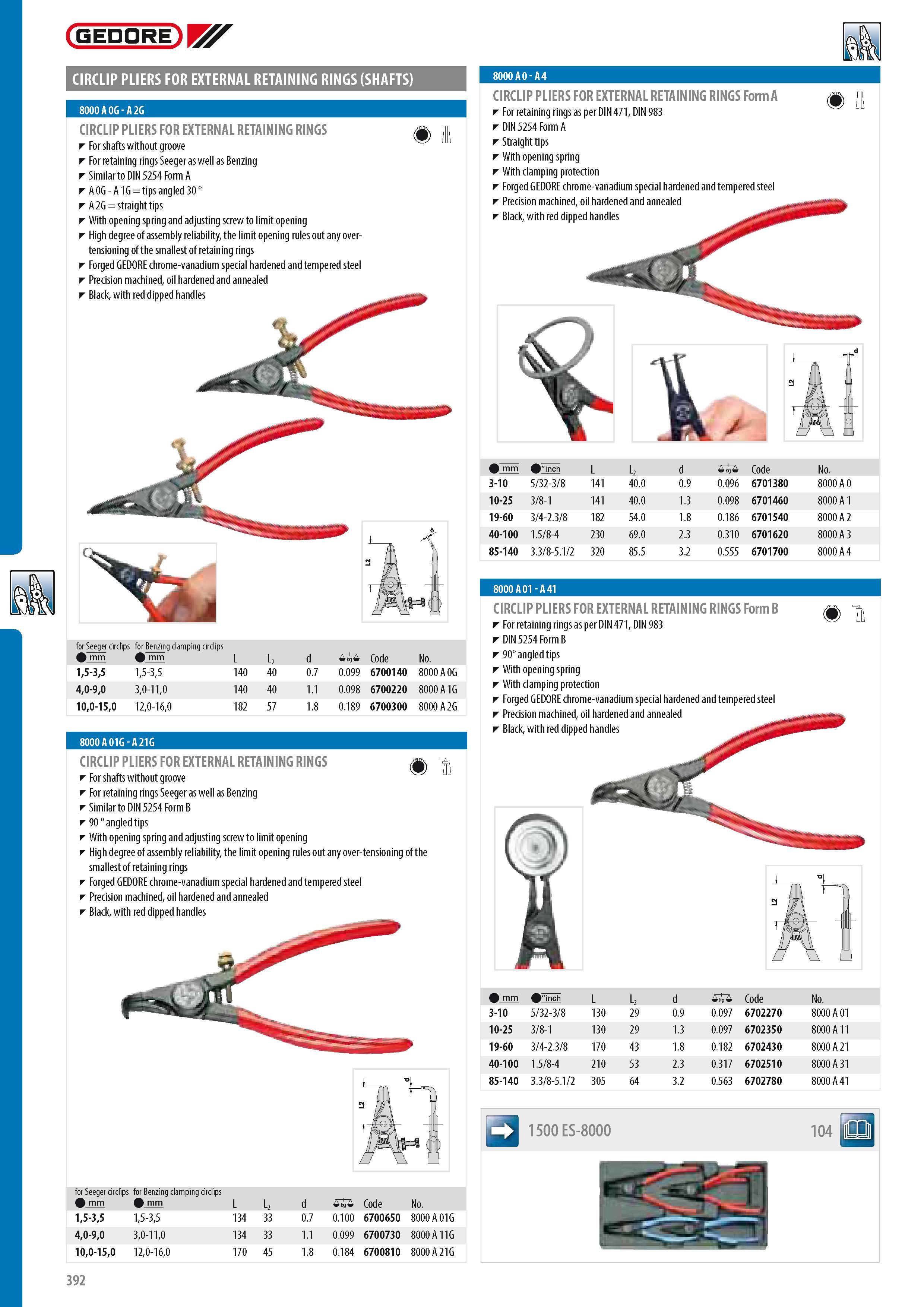 394 GEDORE CIRCLIP PLIERS FOR EXTERNAL RETAINING RINGS (SHAFTS) 8000 A OG - A 2G CIRCLIP PLIERS FOR EXTERNAL RETAINING RINGS For shafts without groove For reta Каталог GEDORE 2014 Профессиональный слесарный инструмент и оборудование для мастерских и машиностроительных производств Стр. 392 ENG