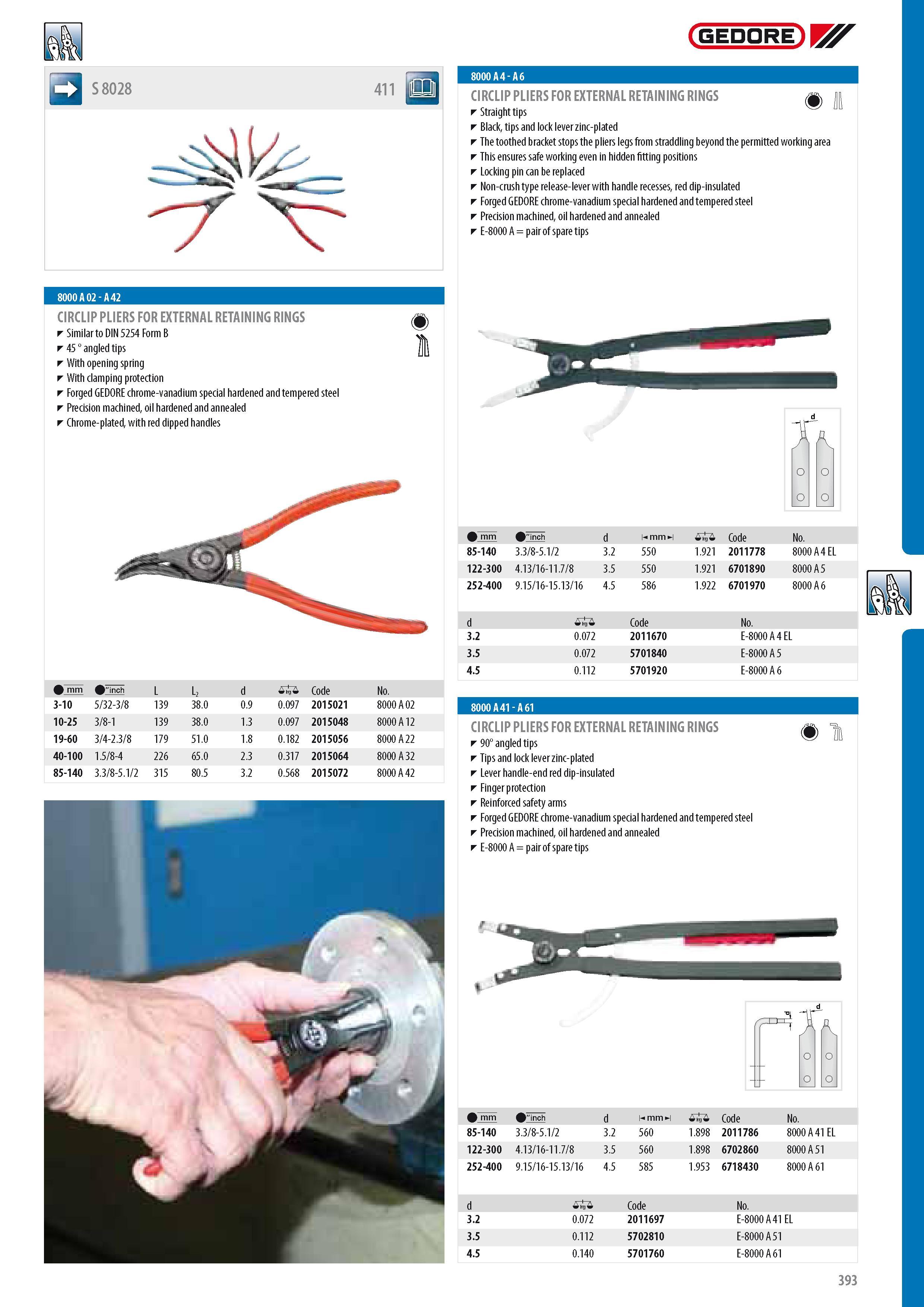 395 S 8028 GEDORE CIRCLIP PLIERS FOR EXTERNAL RETAINING RINGS Straight tips Black tips and lock lever zinc-plated The toothed bracket stops the pliers legs fro Каталог GEDORE 2014 Профессиональный слесарный инструмент и оборудование для мастерских и машиностроительных производств Стр. 393 ENG