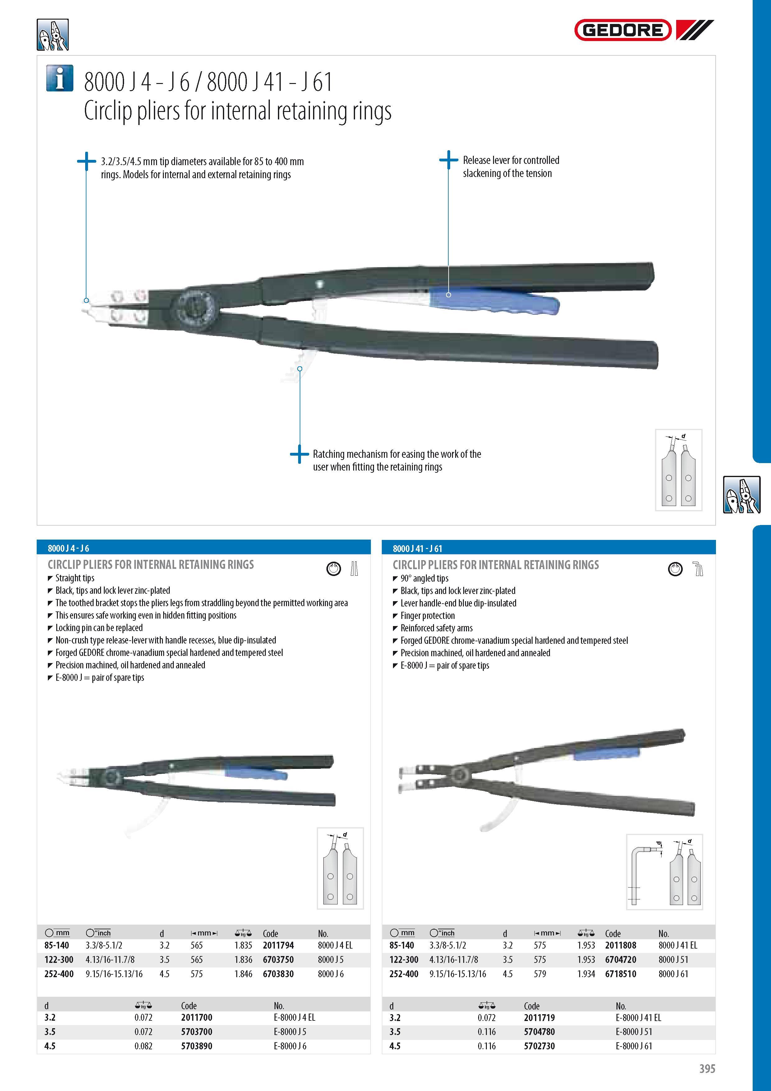 397 GEDORE 3 8000 J 4 - J 6 8000 J 41 - J 61 Circlip pliers for internal retaining rings 3 2 3 5 4 5 mm tip diameters available for 85 to 400 mm rings Models f Каталог GEDORE 2014 Профессиональный слесарный инструмент и оборудование для мастерских и машиностроительных производств Стр. 395 ENG