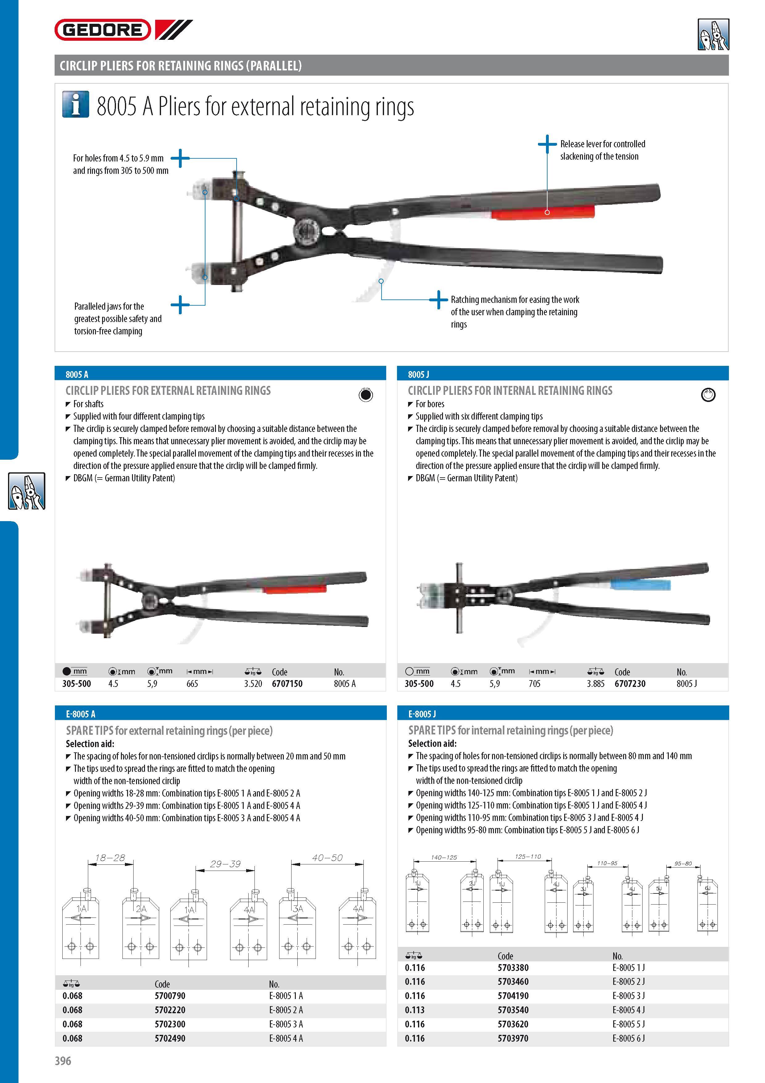 398 GEDORE CIRCLIP PLIERS FOR RETAINING RINGS (PARALLEL) a 8005 A Pliers for external retaining rings For holes from 4 5 to 5 9 mm and rings from 305 to 500 mm Каталог GEDORE 2014 Профессиональный слесарный инструмент и оборудование для мастерских и машиностроительных производств Стр. 396 ENG