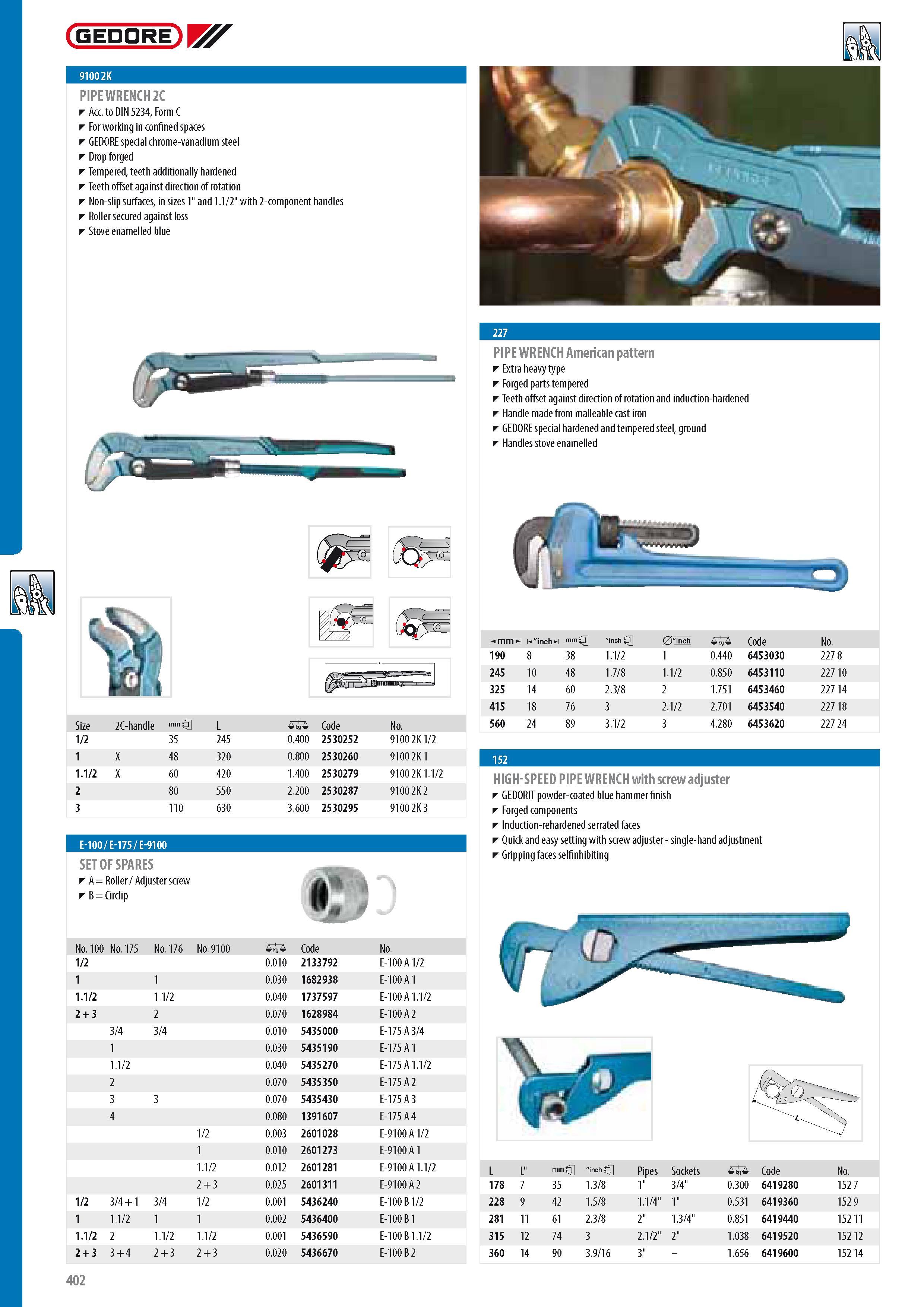 404 GEDORE PIPE WRENCH 2C Acc to DIN 5234 Form C For working in confined spaces GEDORE special chrome-vanadium steel Drop forged Tempered teeth additionally ha Каталог GEDORE 2014 Профессиональный слесарный инструмент и оборудование для мастерских и машиностроительных производств Стр. 402 ENG