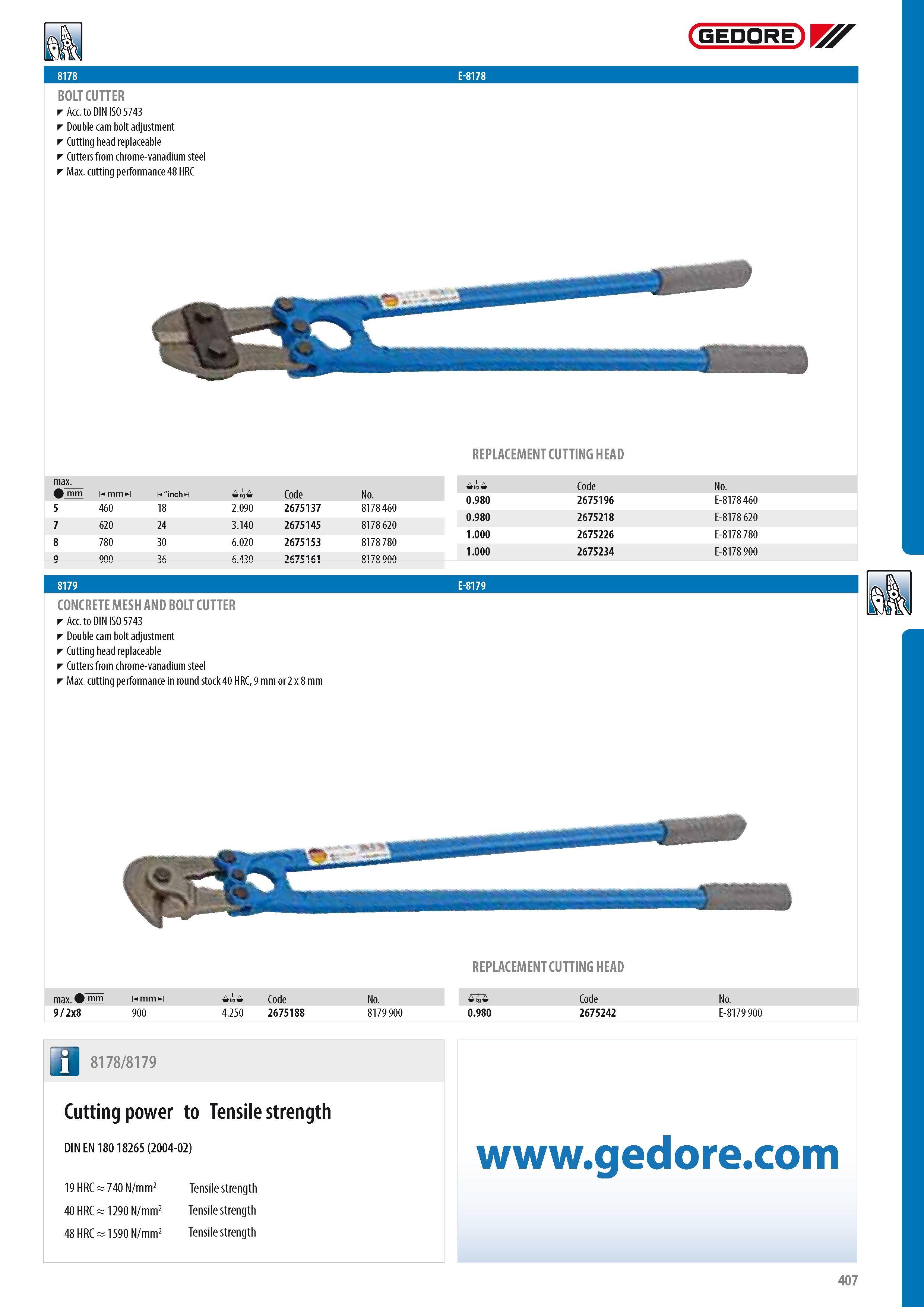 409 GEDORE BOLT CUTTER Acc to DIN ISO 5743 Double cam bolt adjustment Cutting head replaceable Cutters from chrome-vanadium steel Max cutting performance 48 HR Каталог GEDORE 2014 Профессиональный слесарный инструмент и оборудование для мастерских и машиностроительных производств Стр. 407 ENG