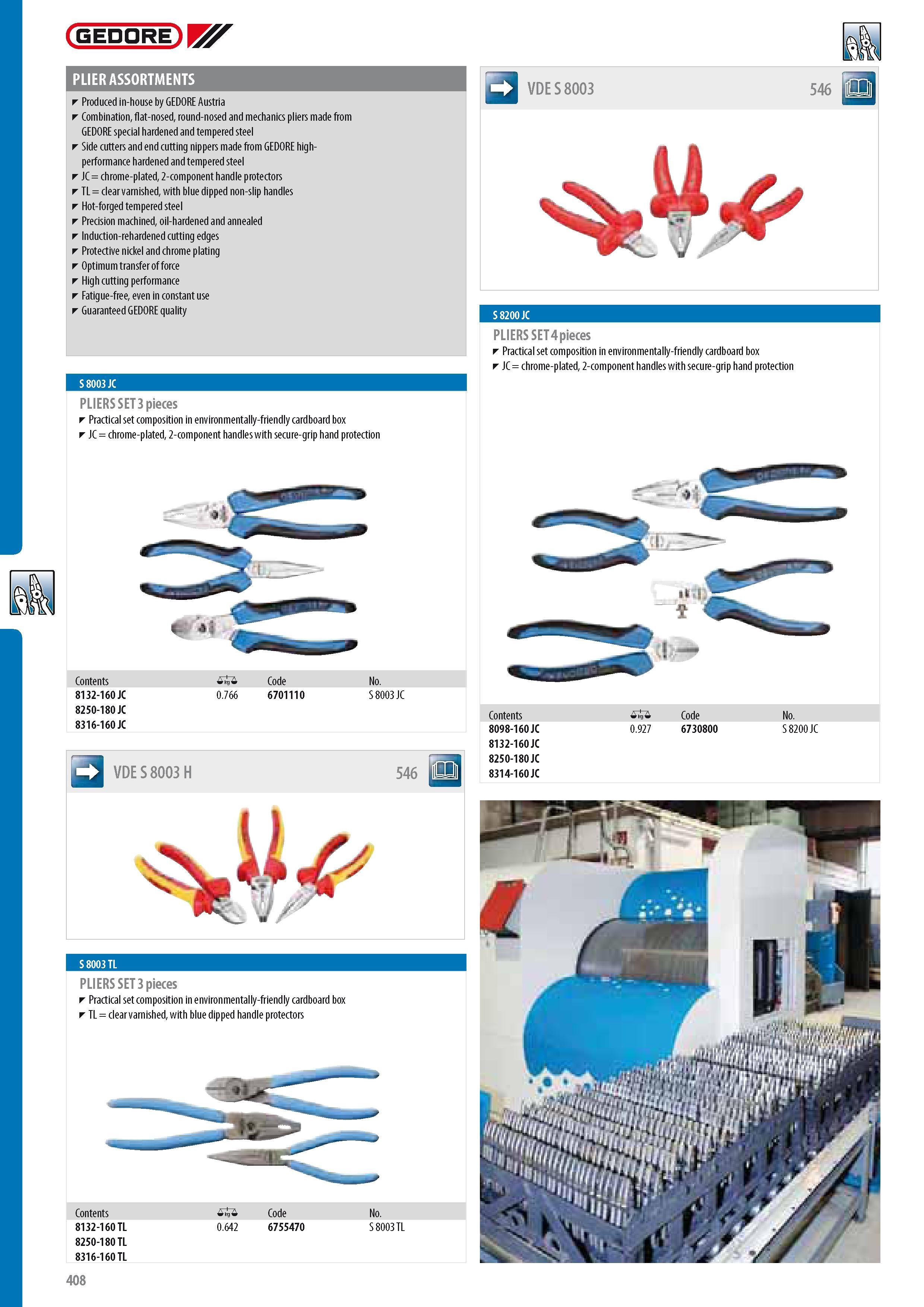410 GEDORE PLIER ASSORTMENTS Produced in-house by GEDORE Austria Combination flat-nosed round-nosed and mechanics pliers made from GEDORE special hardened and Каталог GEDORE 2014 Профессиональный слесарный инструмент и оборудование для мастерских и машиностроительных производств Стр. 408 ENG