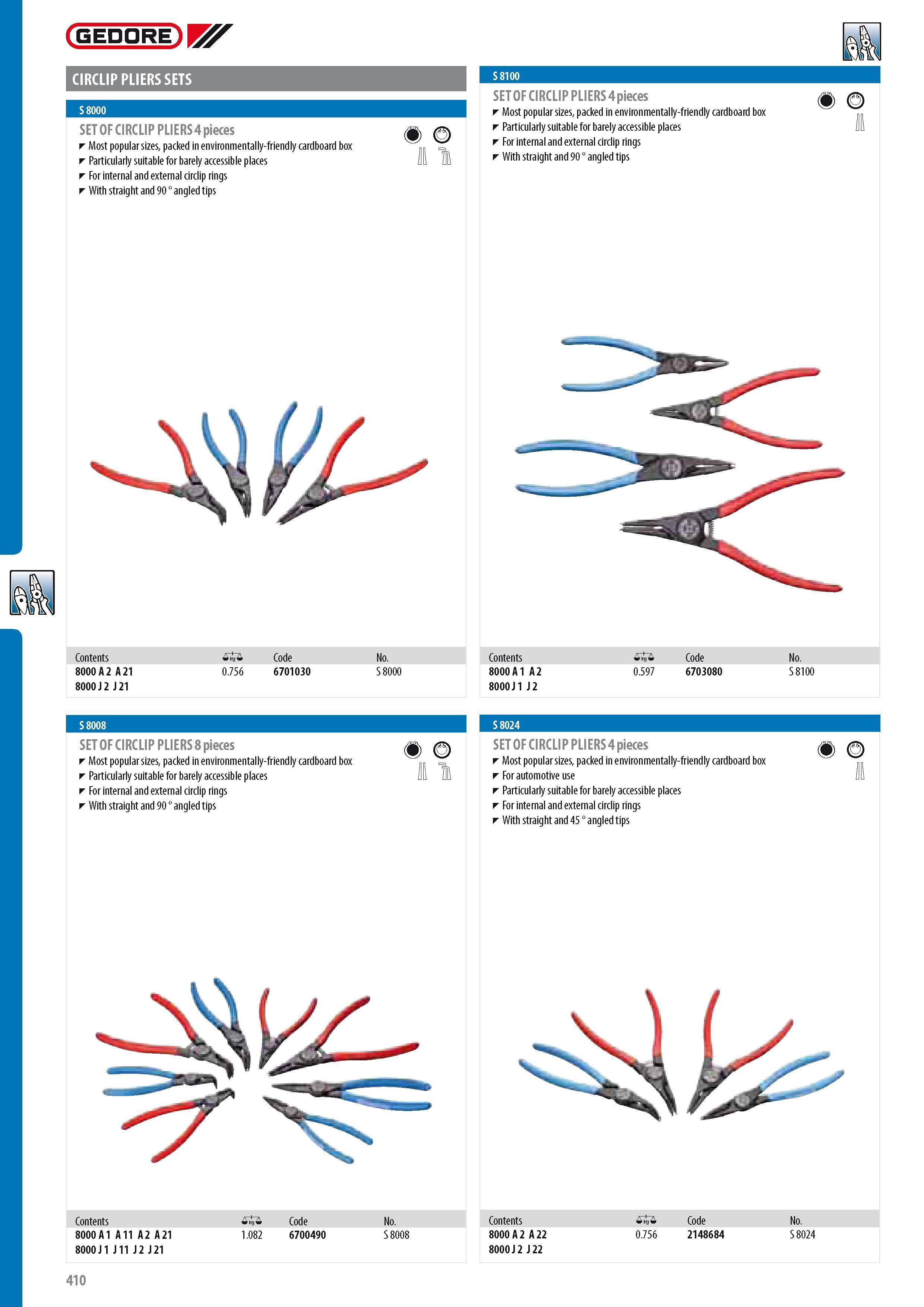 412 GEDORE CIRCLIP PLIERS SETS SET OF CIRCLIP PLIERS 4 pieces Most popular sizes packed in environmentally-friendly cardboard box Particularly suitable for bar Каталог GEDORE 2014 Профессиональный слесарный инструмент и оборудование для мастерских и машиностроительных производств Стр. 410 ENG