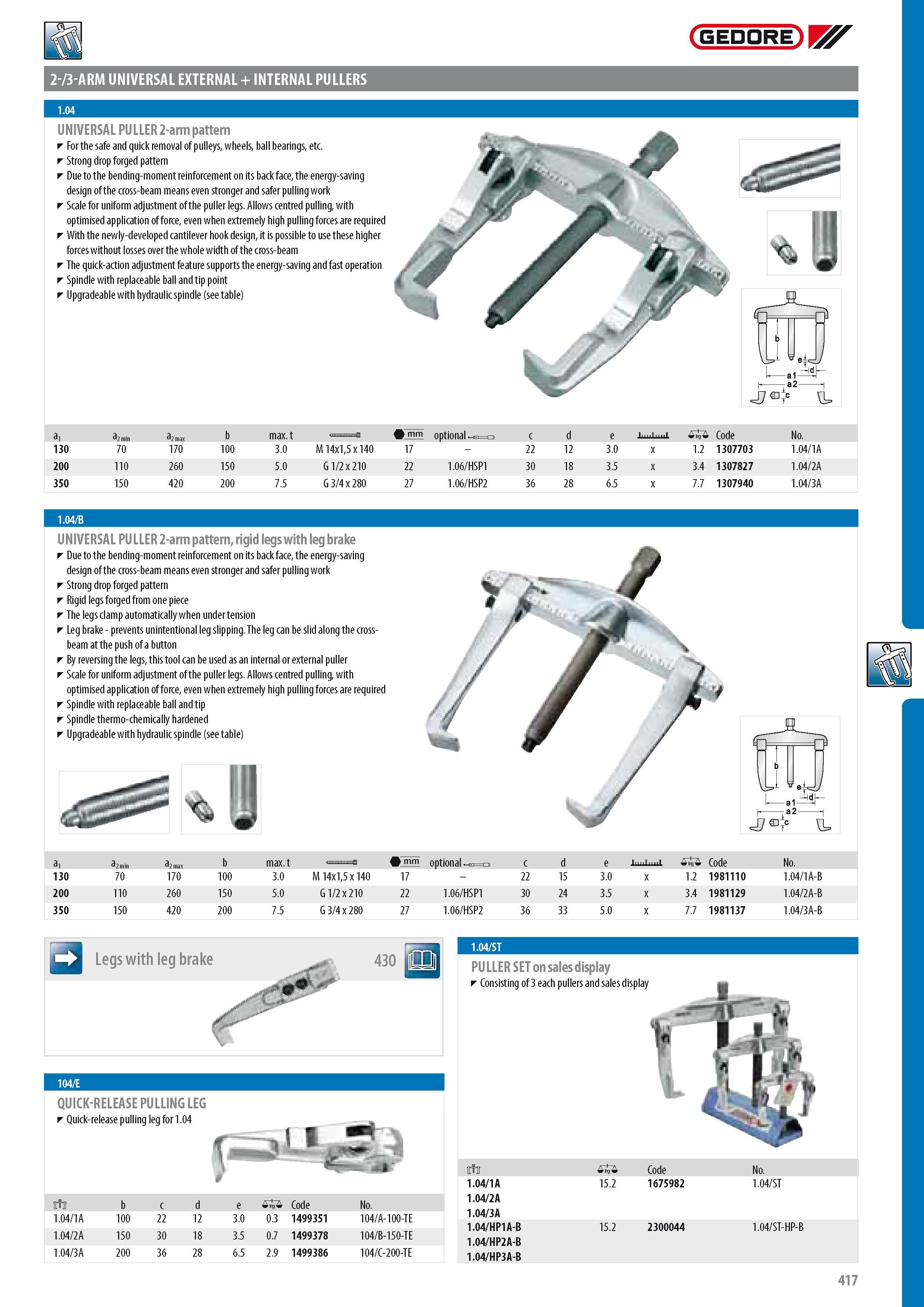 419 2- 3-ARM UNIVERSAL EXTERNAL + INTERNAL PULLERS GEDORE UNIVERSAL PULLER 2-arm pattern For the safe and quick removal of pulleys wheels ball bearings etc Str Каталог GEDORE 2014 Профессиональный слесарный инструмент и оборудование для мастерских и машиностроительных производств Стр. 417 ENG