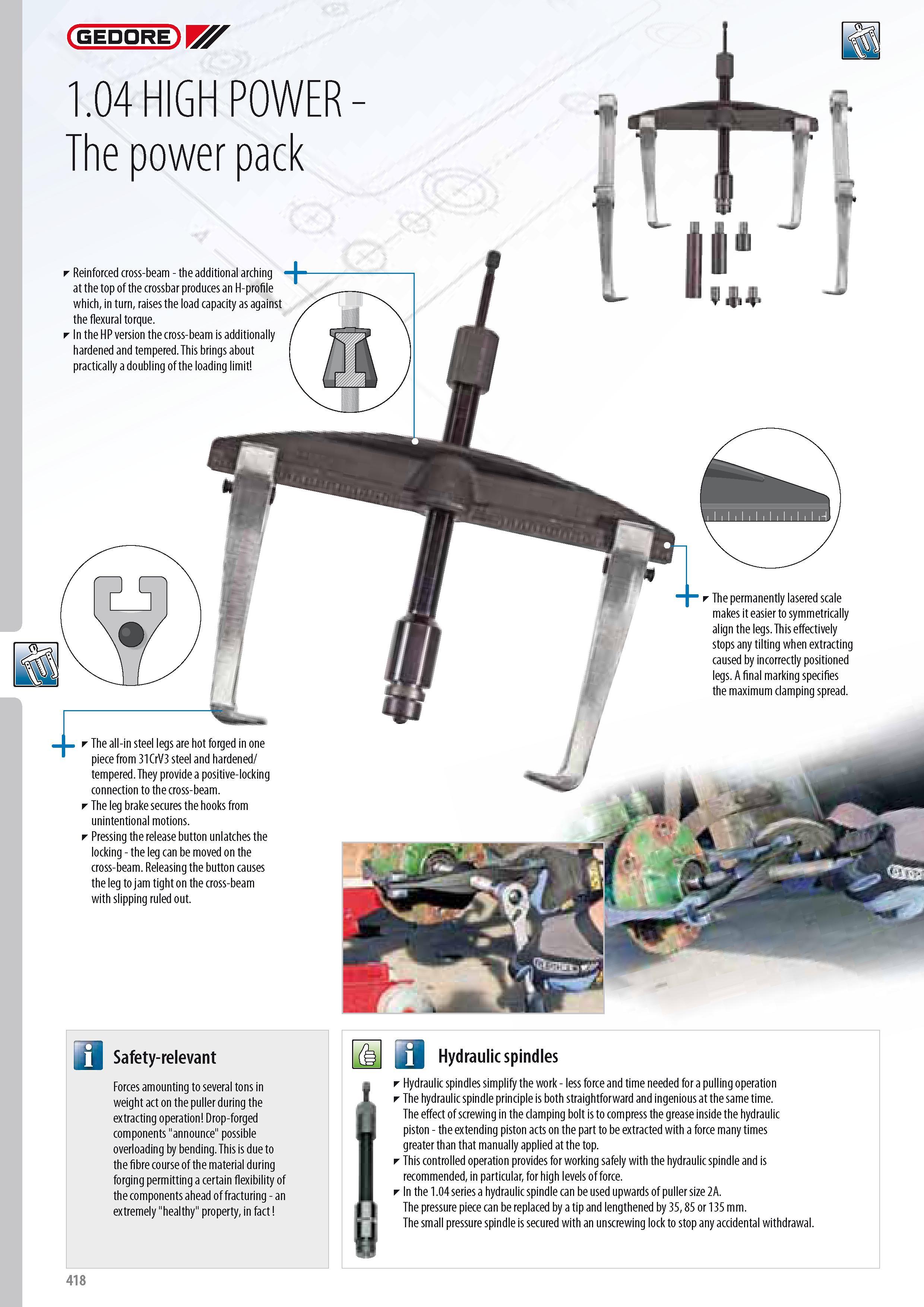 420 GEDORE 1 04 HIGH POWER The power pack Reinforced cross-beam - the additional arching at the top of the crossbar produces an H-profile which in turn raises Каталог GEDORE 2014 Профессиональный слесарный инструмент и оборудование для мастерских и машиностроительных производств Стр. 418 ENG