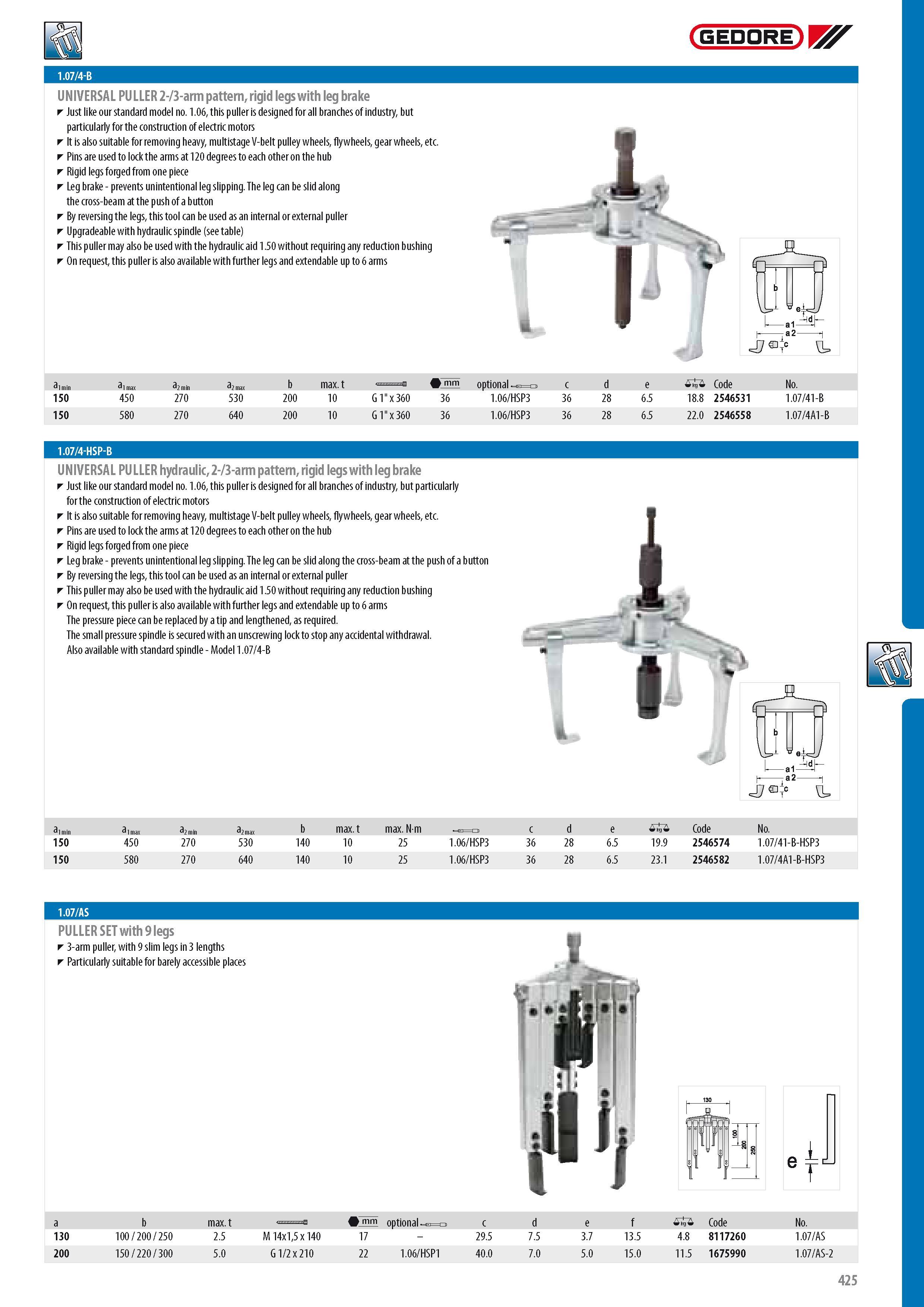 427 GEDORE UNIVERSAL PULLER 2- 3-arm pattern rigid legs with leg brake Just like our standard model no 1 06 this puller is designed for all branches of industr Каталог GEDORE 2014 Профессиональный слесарный инструмент и оборудование для мастерских и машиностроительных производств Стр. 425 ENG