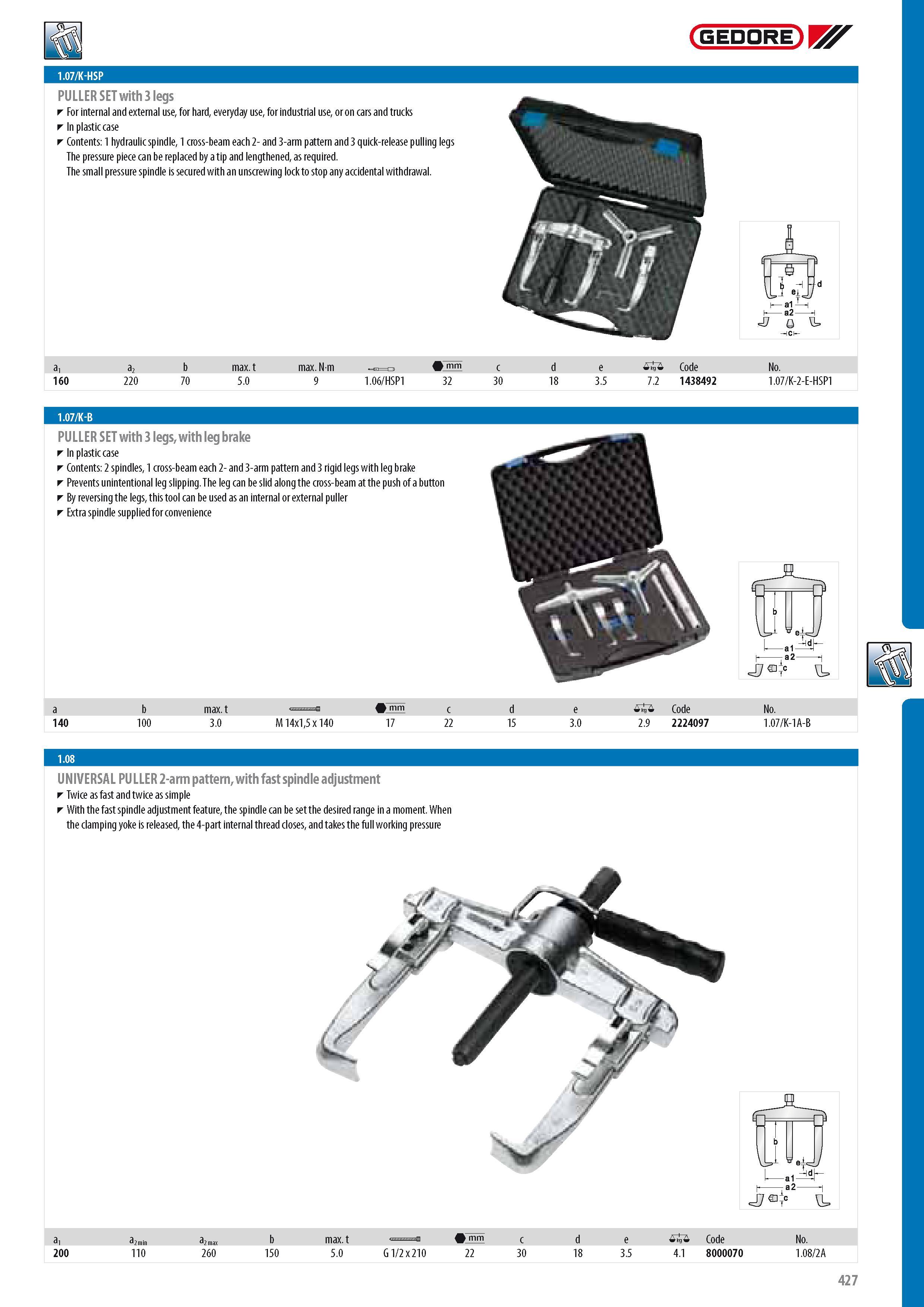 429 GEDORE 1 07 K-HSP PULLER SET with 3 legs For internal and external use for hard everyday use for industrial use or on cars and trucks In plastic case Conte Каталог GEDORE 2014 Профессиональный слесарный инструмент и оборудование для мастерских и машиностроительных производств Стр. 427 ENG