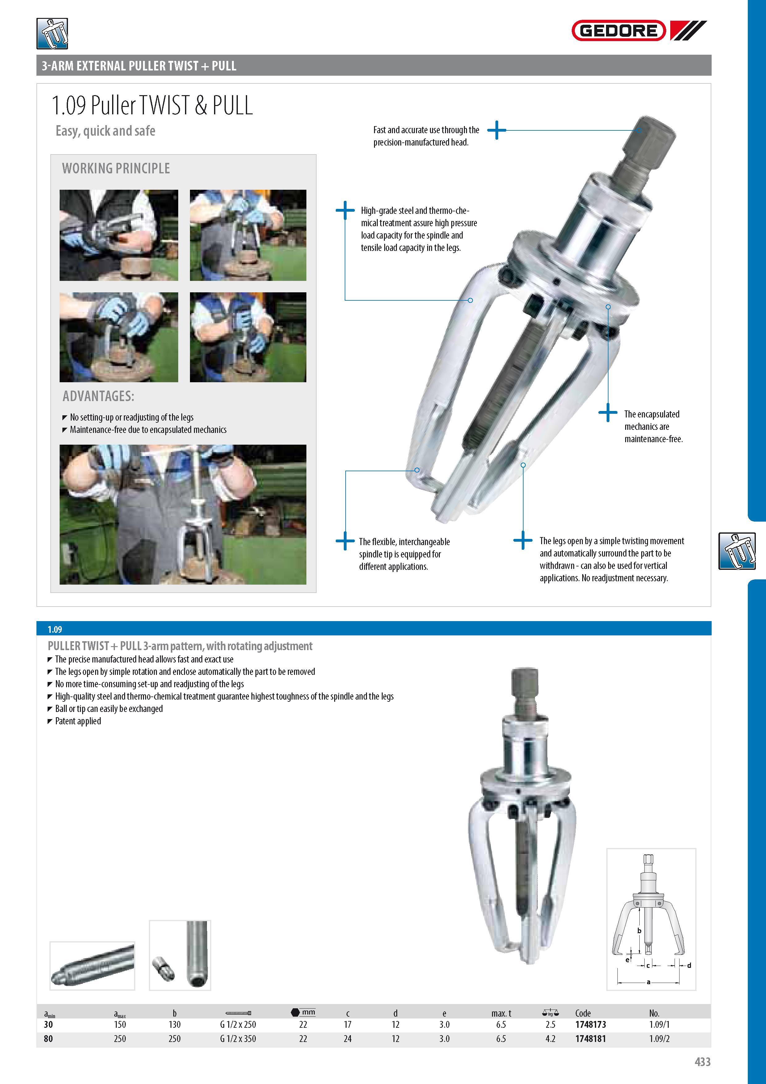 435 3-ARM EXTERNAL PULLER TWIST + PULL GEDORE 1 09 Puller TWIST & PULL Easy quick and safe WORKING PRINCIPLE ADVANTAGES No setting-up or readjusting of the leg Каталог GEDORE 2014 Профессиональный слесарный инструмент и оборудование для мастерских и машиностроительных производств Стр. 433 ENG