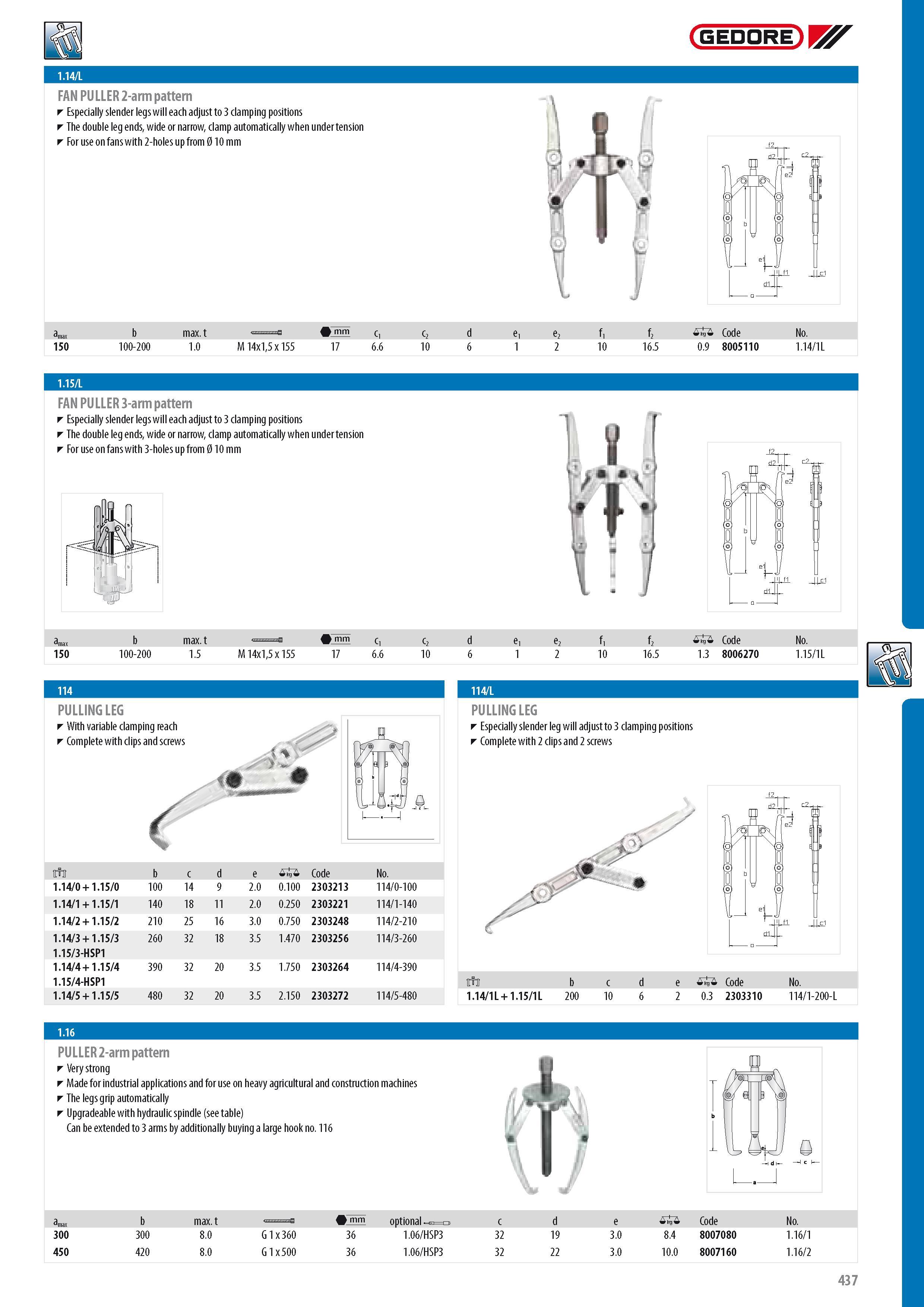 439 GEDORE FAN PULLER 2-arm pattern Especially slender legs will each adjust to 3 clamping positions The double leg ends wide or narrow clamp automatically whe Каталог GEDORE 2014 Профессиональный слесарный инструмент и оборудование для мастерских и машиностроительных производств Стр. 437 ENG