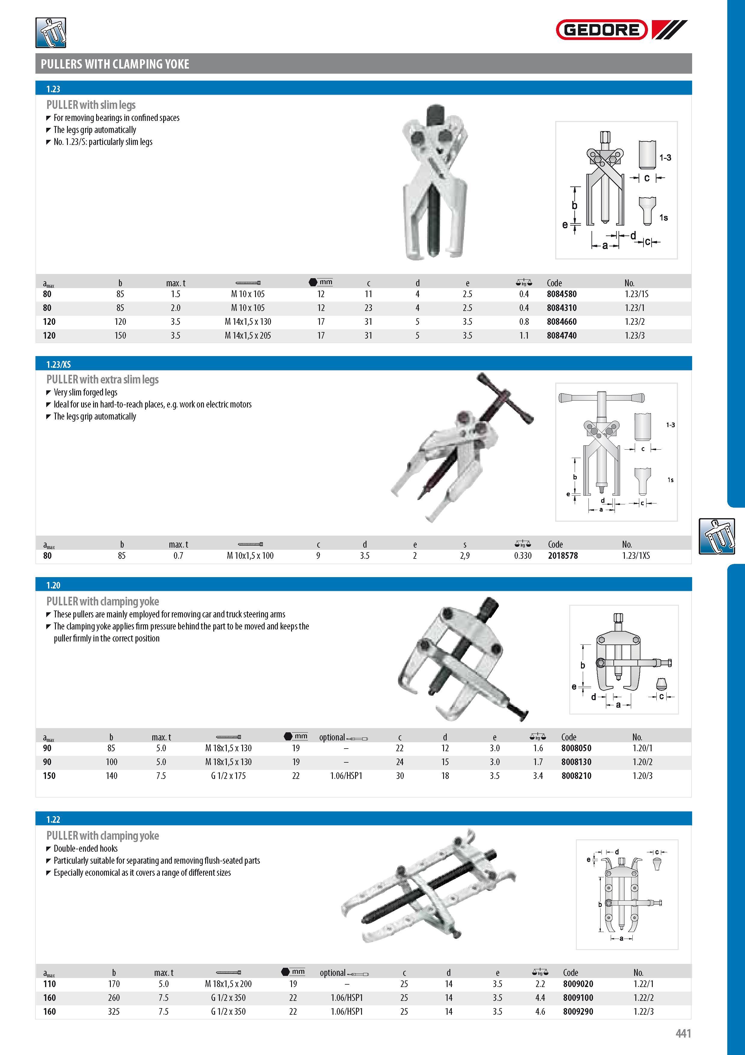 443 PULLERS WITH CLAMPING YOKE GEDORE PULLER with slim legs For removing bearings in confined spaces The legs grip automatically No 1 23 S particularly slim le Каталог GEDORE 2014 Профессиональный слесарный инструмент и оборудование для мастерских и машиностроительных производств Стр. 441 ENG