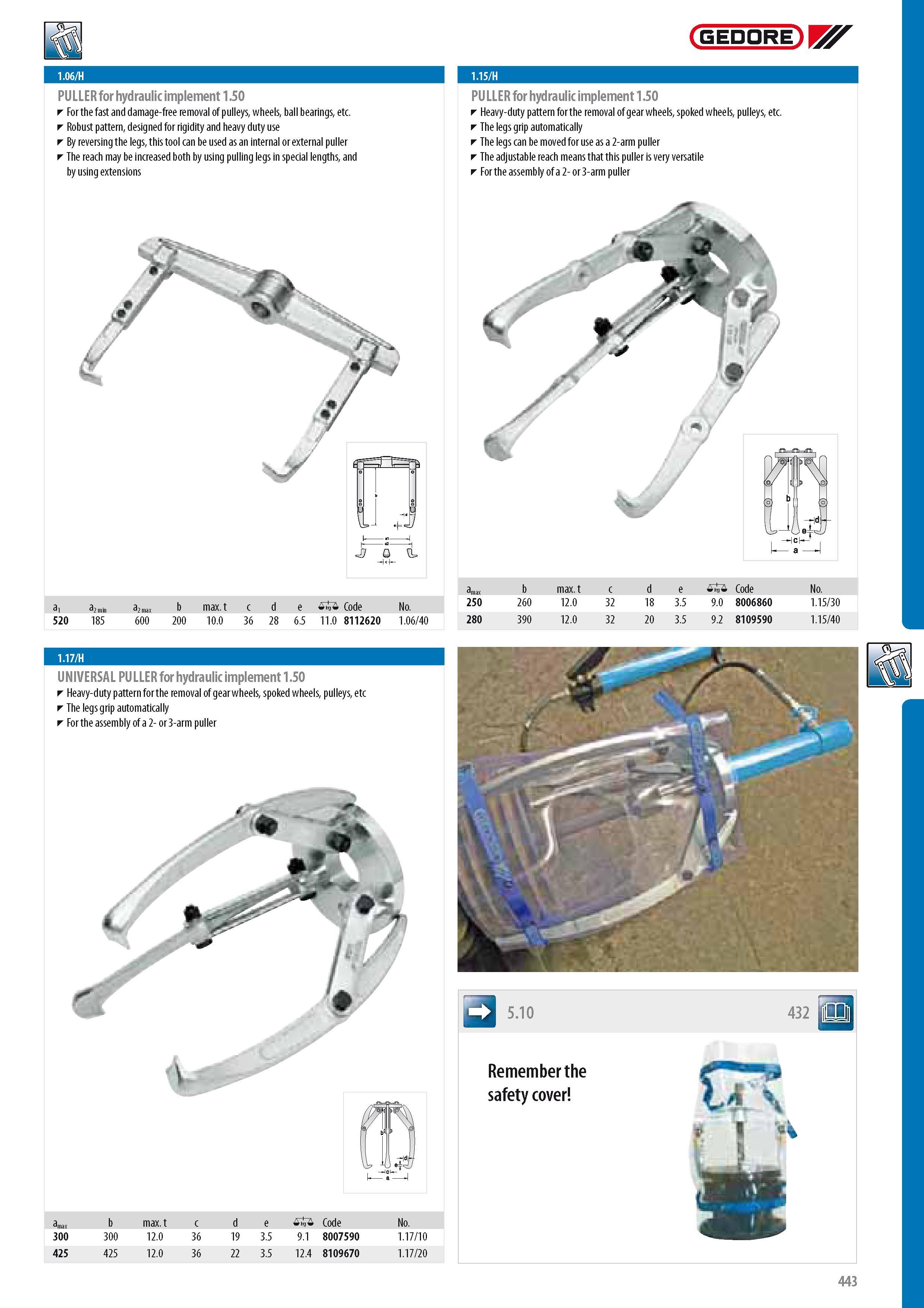 445 GEDORE PULLER for hydraulic implement 1 50 Forthe fast and damage-free removal of pulleys wheels ball bearings etc Robust pattern designed for rigidity and Каталог GEDORE 2014 Профессиональный слесарный инструмент и оборудование для мастерских и машиностроительных производств Стр. 443 ENG