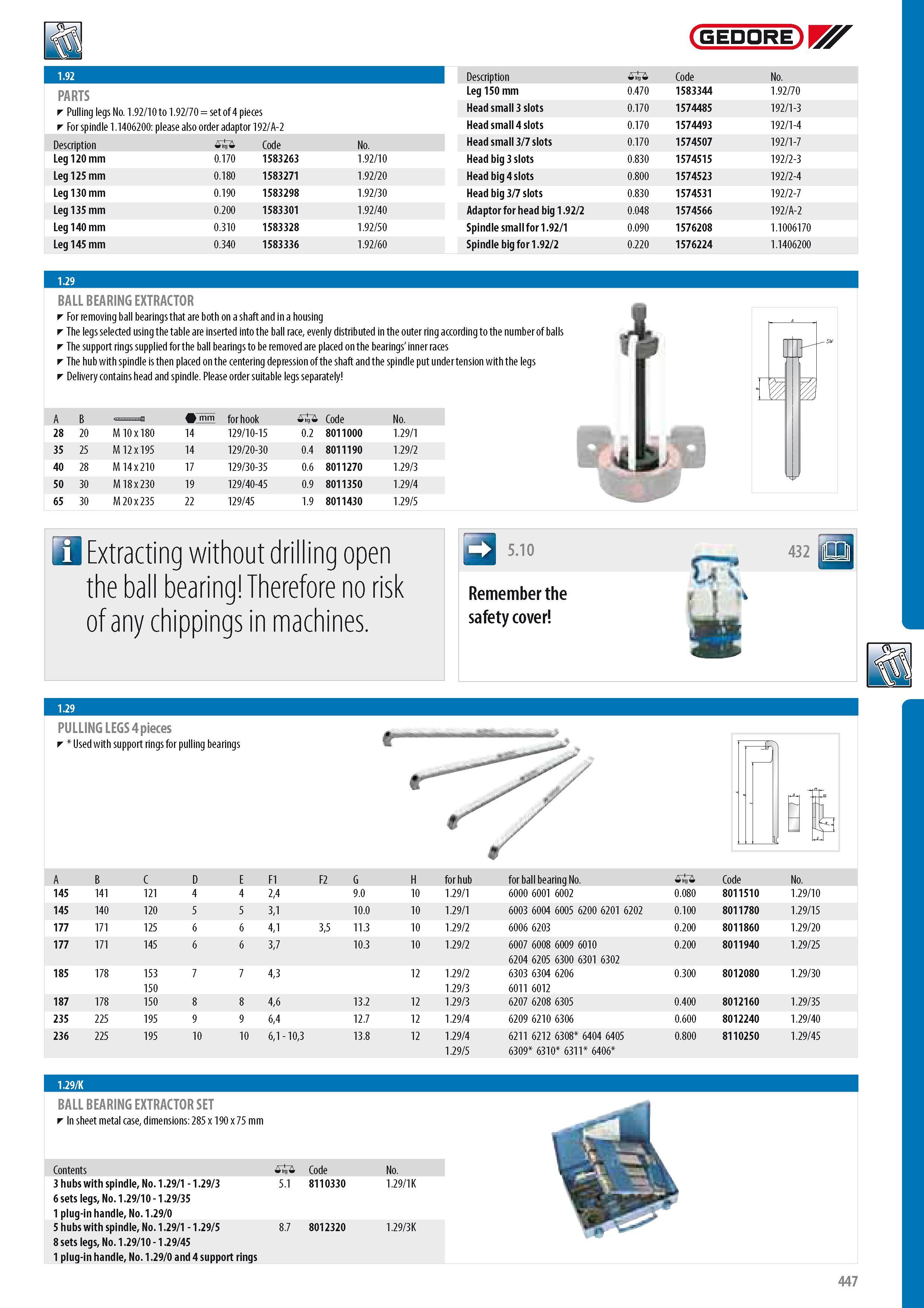449 PARTS Pulling legs No 1 92 10 to 1 92 70 set of 4 pieces For spindle 1 1406200 please also order adaptor 192 A-2 Description 0 Code No Leg 120 mm 0 170 158 Каталог GEDORE 2014 Профессиональный слесарный инструмент и оборудование для мастерских и машиностроительных производств Стр. 447 ENG