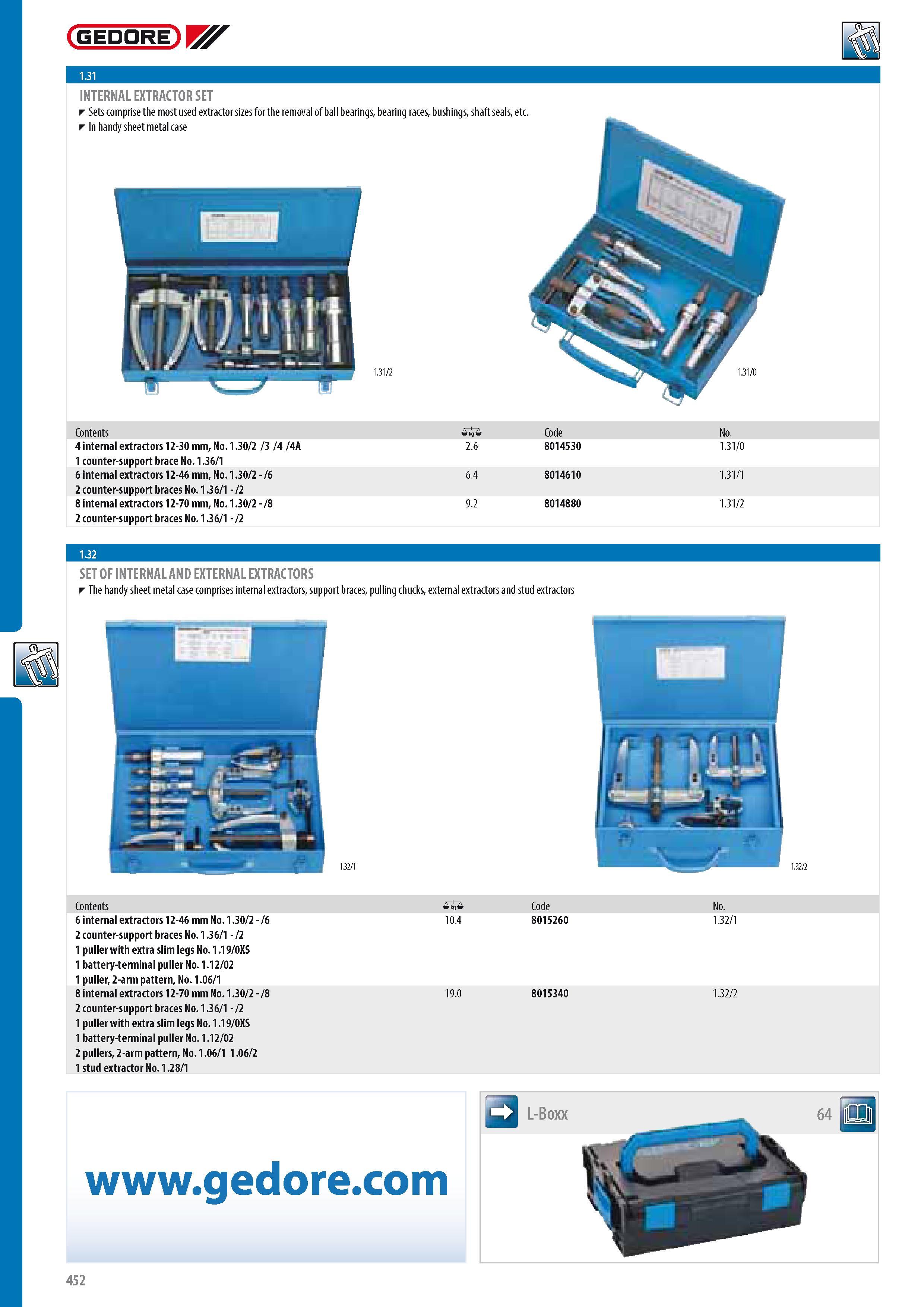 454 GEDORE INTERNAL EXTRACTOR SET Sets comprise the most used extractor sizes for the removal of ball bearings bearing races bushings shaft seals etc In handy Каталог GEDORE 2014 Профессиональный слесарный инструмент и оборудование для мастерских и машиностроительных производств Стр. 452 ENG