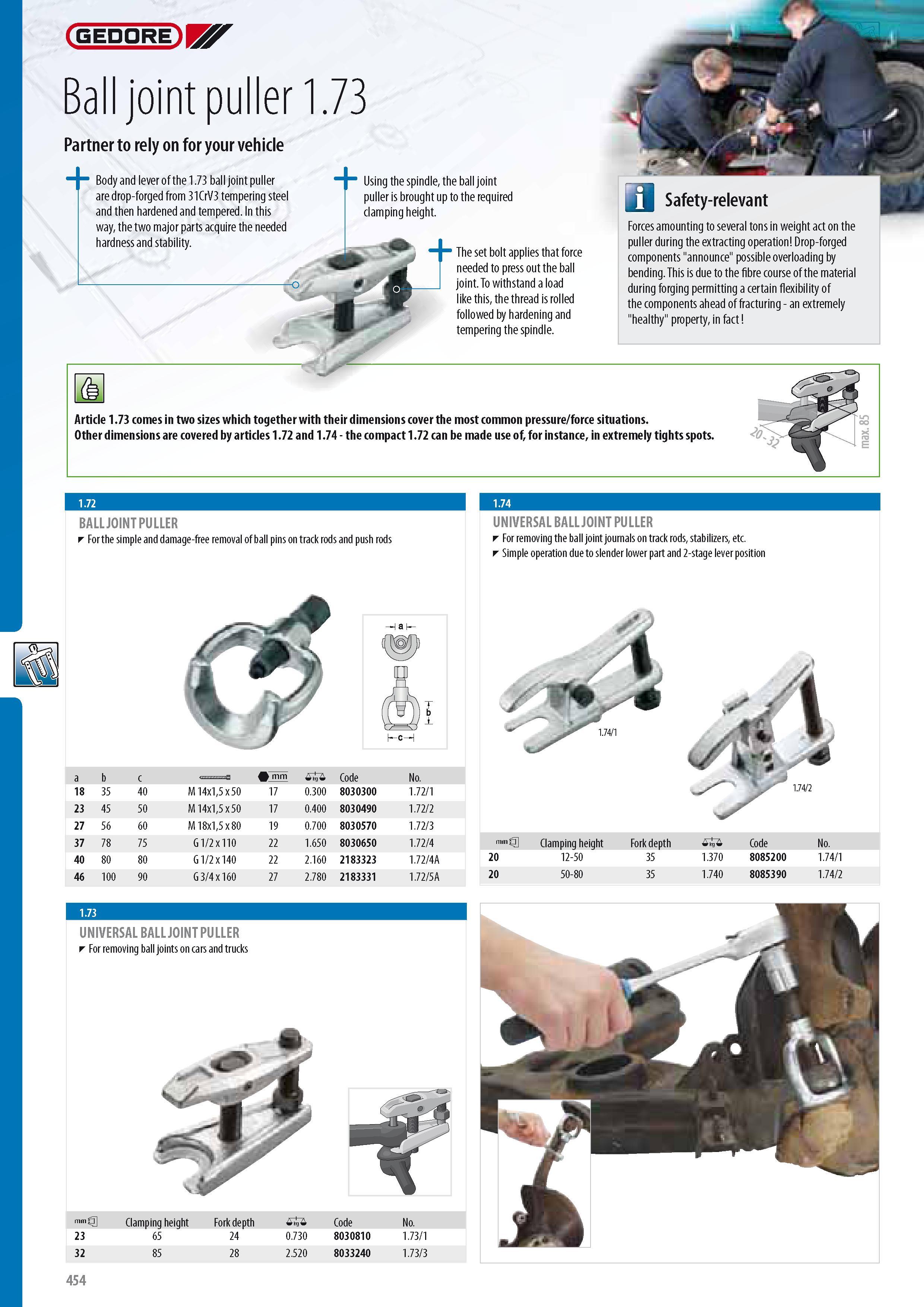 456 GEDORE Bgyr Ball joint puller 1 73 Partner to rely on for your vehicle Body and lever of the 1 73 ball joint puller are drop-forged from 31CrV3 tempering s Каталог GEDORE 2014 Профессиональный слесарный инструмент и оборудование для мастерских и машиностроительных производств Стр. 454 ENG