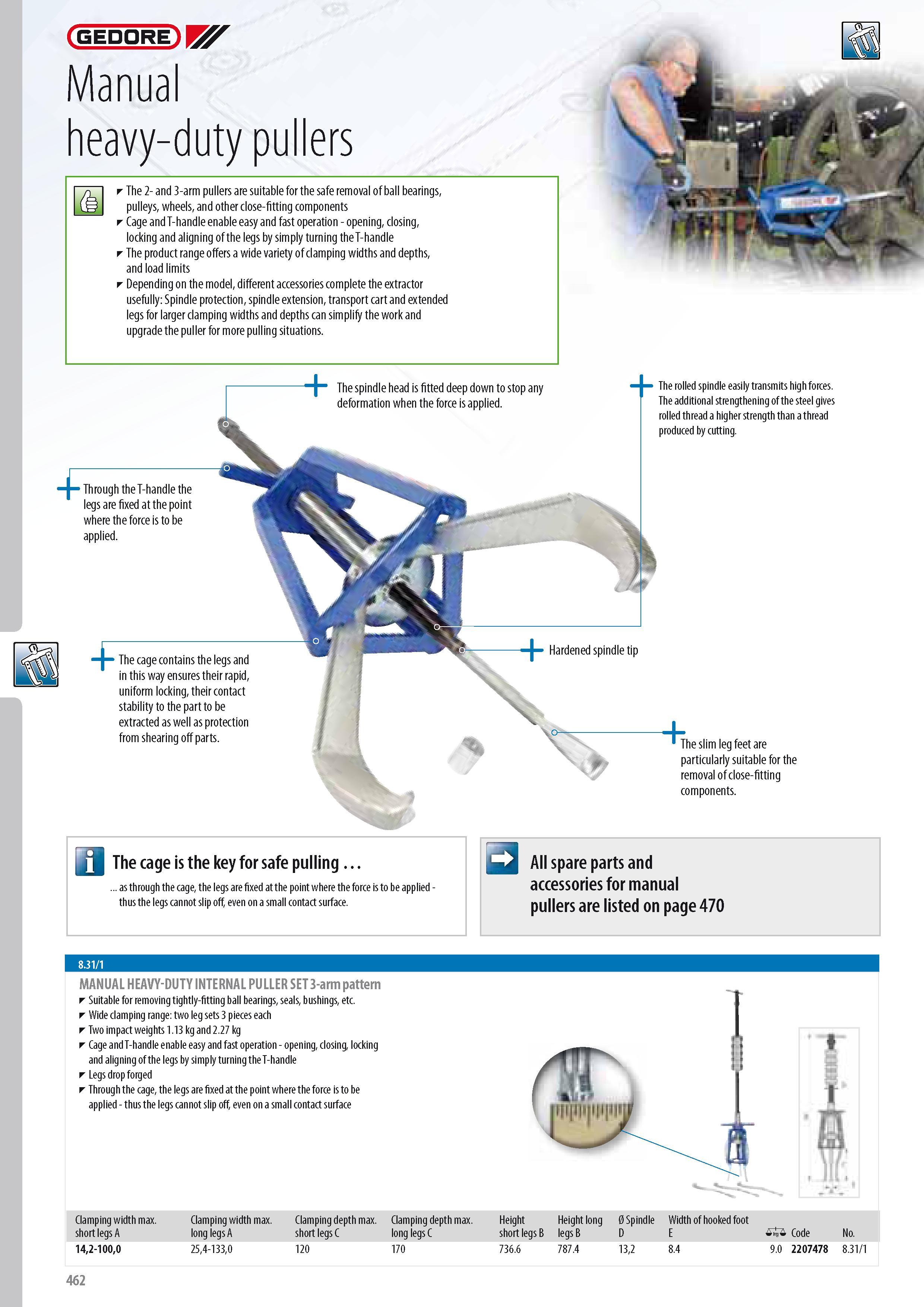 464 GEDORE Manual heavy-duty pullers The 2- and 3-arm pullers are suitable for the safe removal of ball bearings pulleys wheels and other close-fitting compone Каталог GEDORE 2014 Профессиональный слесарный инструмент и оборудование для мастерских и машиностроительных производств Стр. 462 ENG