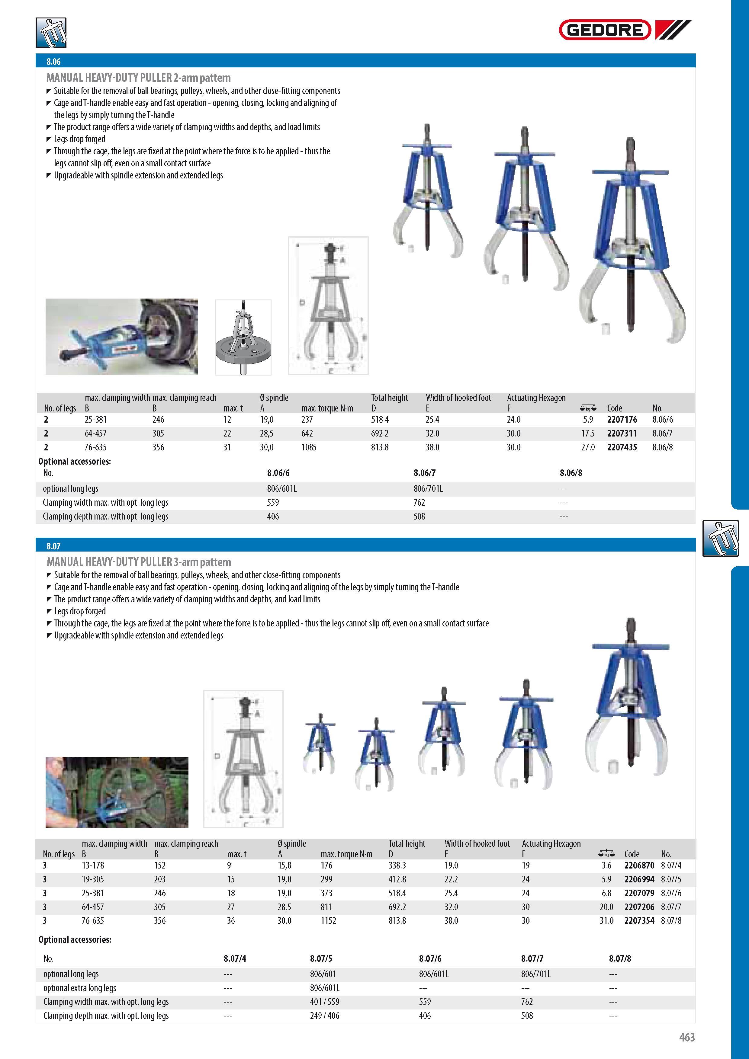 465 GEDORE MANUAL HEAVY-DUTY PULLER 2-arm pattern Suitable for the removal of ball bearings pulleys wheels and other close-fitting components Cage and T-handle Каталог GEDORE 2014 Профессиональный слесарный инструмент и оборудование для мастерских и машиностроительных производств Стр. 463 ENG