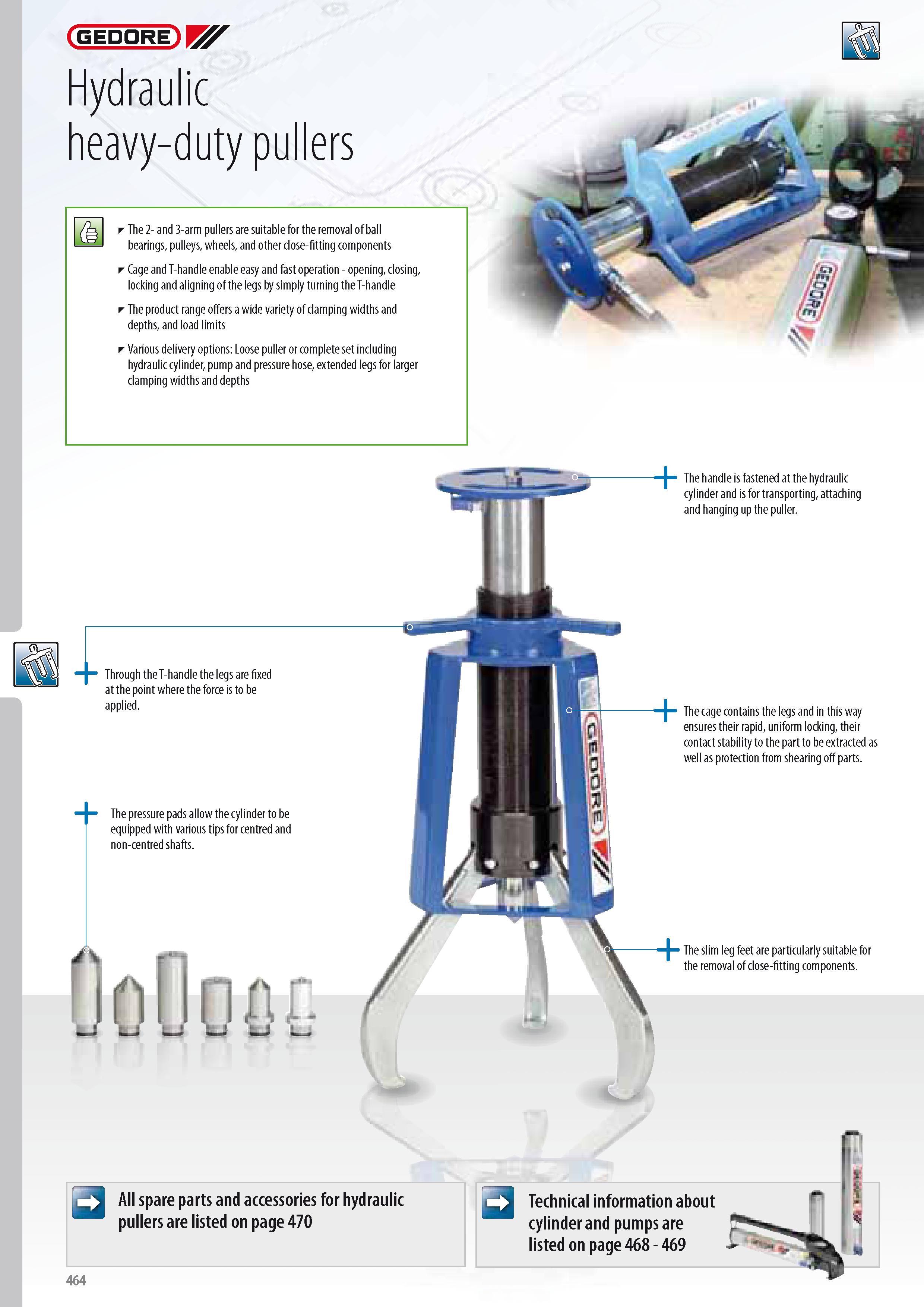 466 GEDORE Hydraulic heavy-duty pullers The 2- and 3-arm pullers are suitable for the removal of ball bearings pulleys wheels and other close-fitting component Каталог GEDORE 2014 Профессиональный слесарный инструмент и оборудование для мастерских и машиностроительных производств Стр. 464 ENG