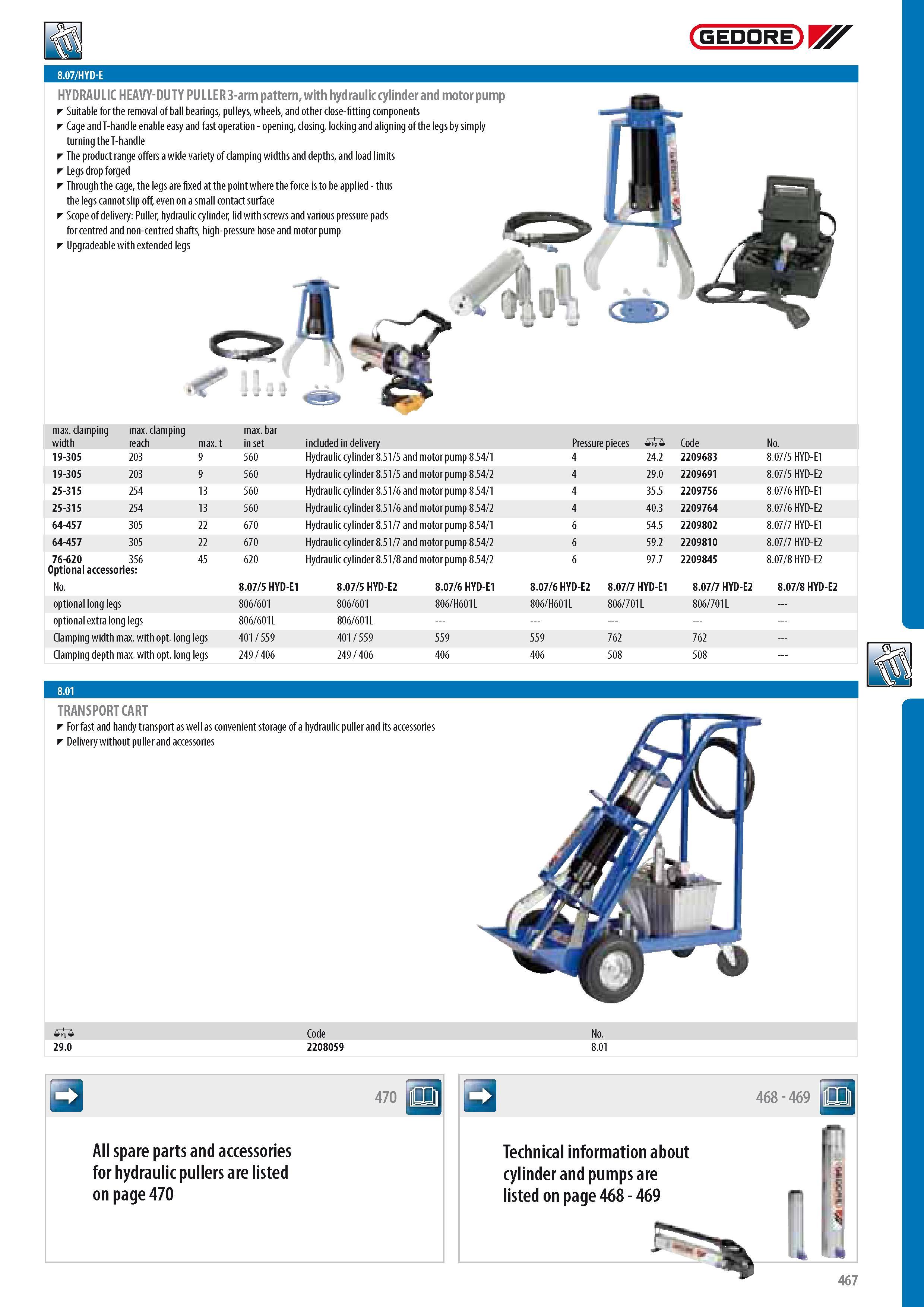 469 GEDORE HYDRAULIC HEAVY-DUTY PULLER 3-arm pattern with hydraulic cylinder and motor pump Suitable for the removal of ball bearings pulleys wheels and other Каталог GEDORE 2014 Профессиональный слесарный инструмент и оборудование для мастерских и машиностроительных производств Стр. 467 ENG
