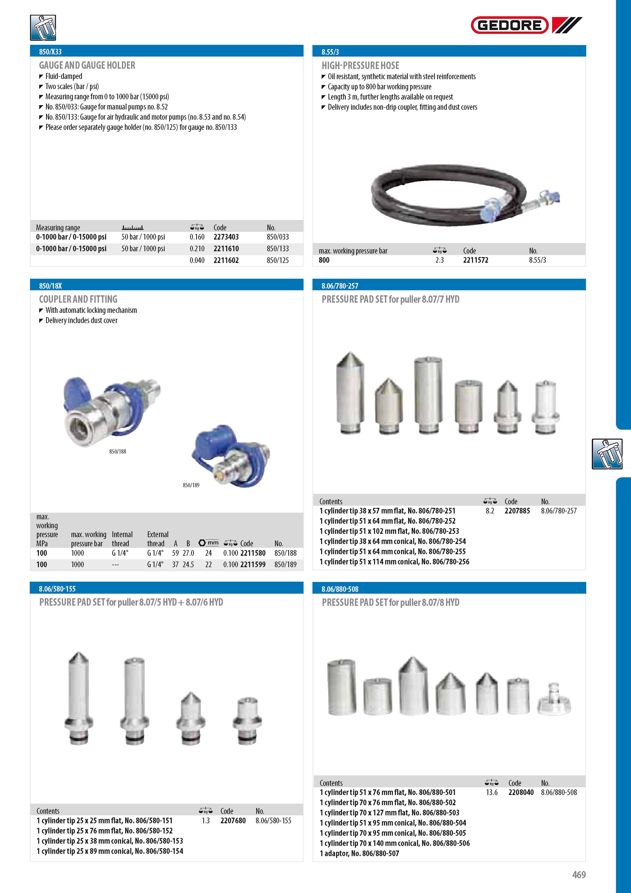 471 GEDORE GAUGE AND GAUGE HOLDER Fluid-damped Two scales (bar psi) Measuring range from 0 to 1000 bar (15000 psi) No 850 033 Gauge for manual pumps no 8 52 No Каталог GEDORE 2014 Профессиональный слесарный инструмент и оборудование для мастерских и машиностроительных производств Стр. 469 ENG