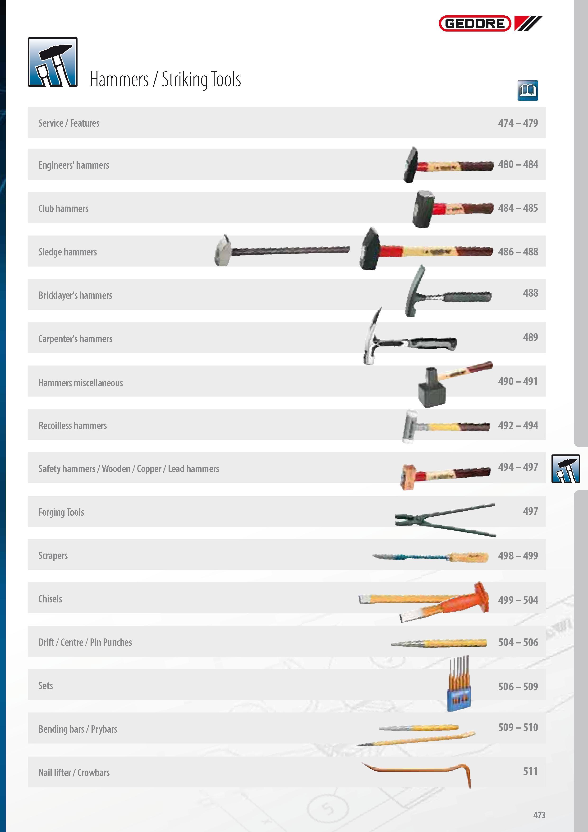 475 GEDORE Hammers Striking Tools Service Features Engineers' hammers Club hammers Sledge hammers Bricklayer's hammers Carpenter's hammers Hammers miscellaneou Каталог GEDORE 2014 Профессиональный слесарный инструмент и оборудование для мастерских и машиностроительных производств Стр. 473 ENG