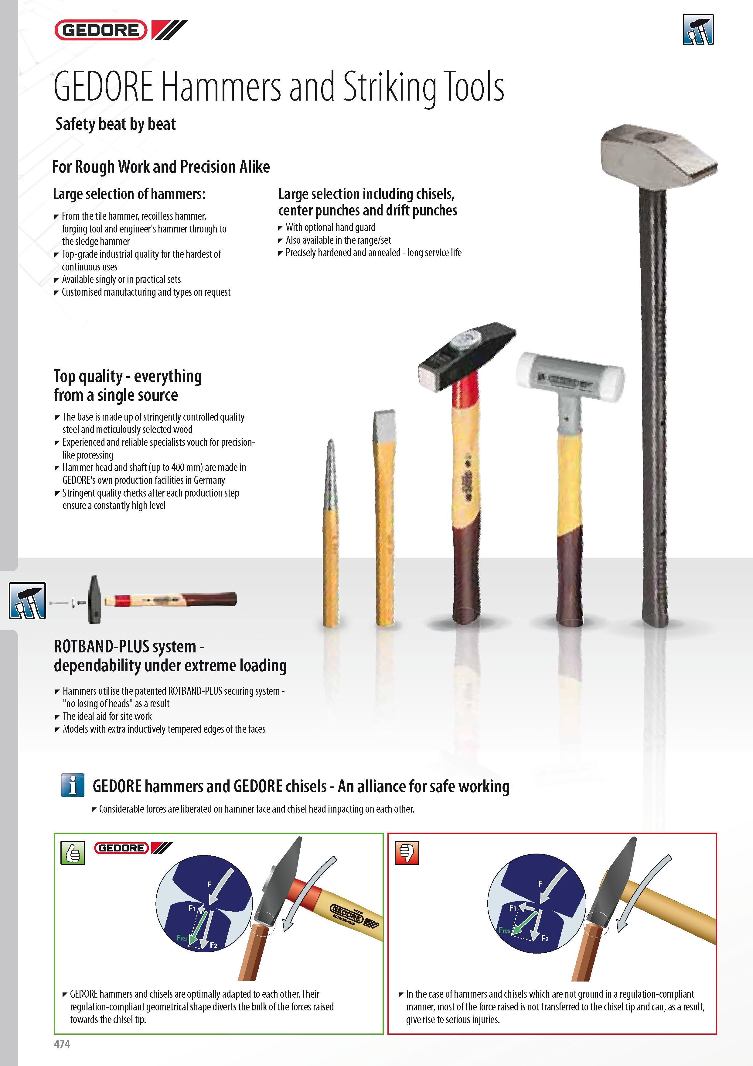476 GEDORE GEDORE Hammers and Striking Tools Safety beat by beat For Rough Work and Precision Alike Large selection of hammers From the tile hammer recoilless Каталог GEDORE 2014 Профессиональный слесарный инструмент и оборудование для мастерских и машиностроительных производств Стр. 474 ENG