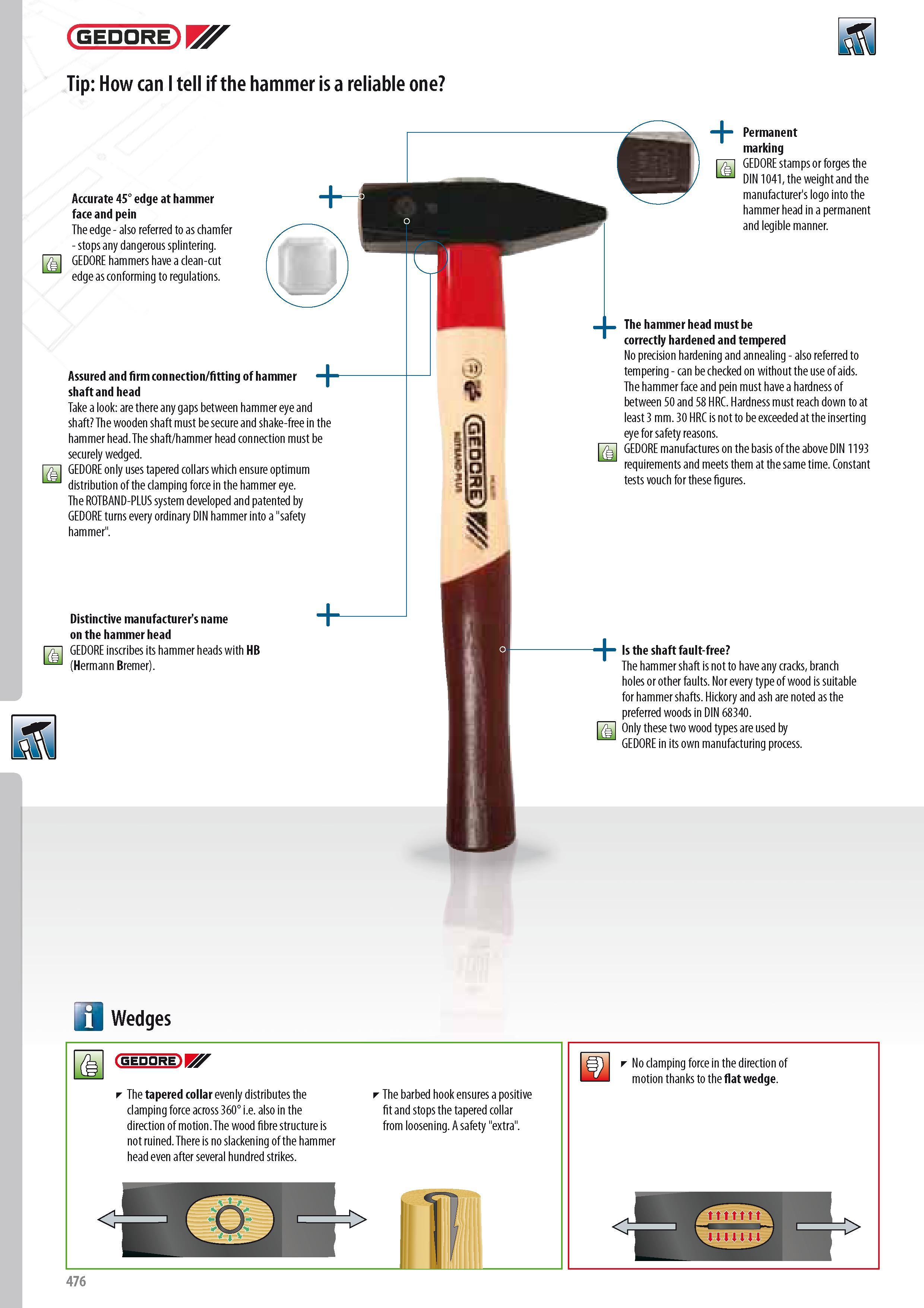 478 GEDORE E - Tip How can I tell if the hammer is a reliable one Accurate 45 edge at hammer face and pein The edge - also referred to as chamfer - stops any d Каталог GEDORE 2014 Профессиональный слесарный инструмент и оборудование для мастерских и машиностроительных производств Стр. 476 ENG