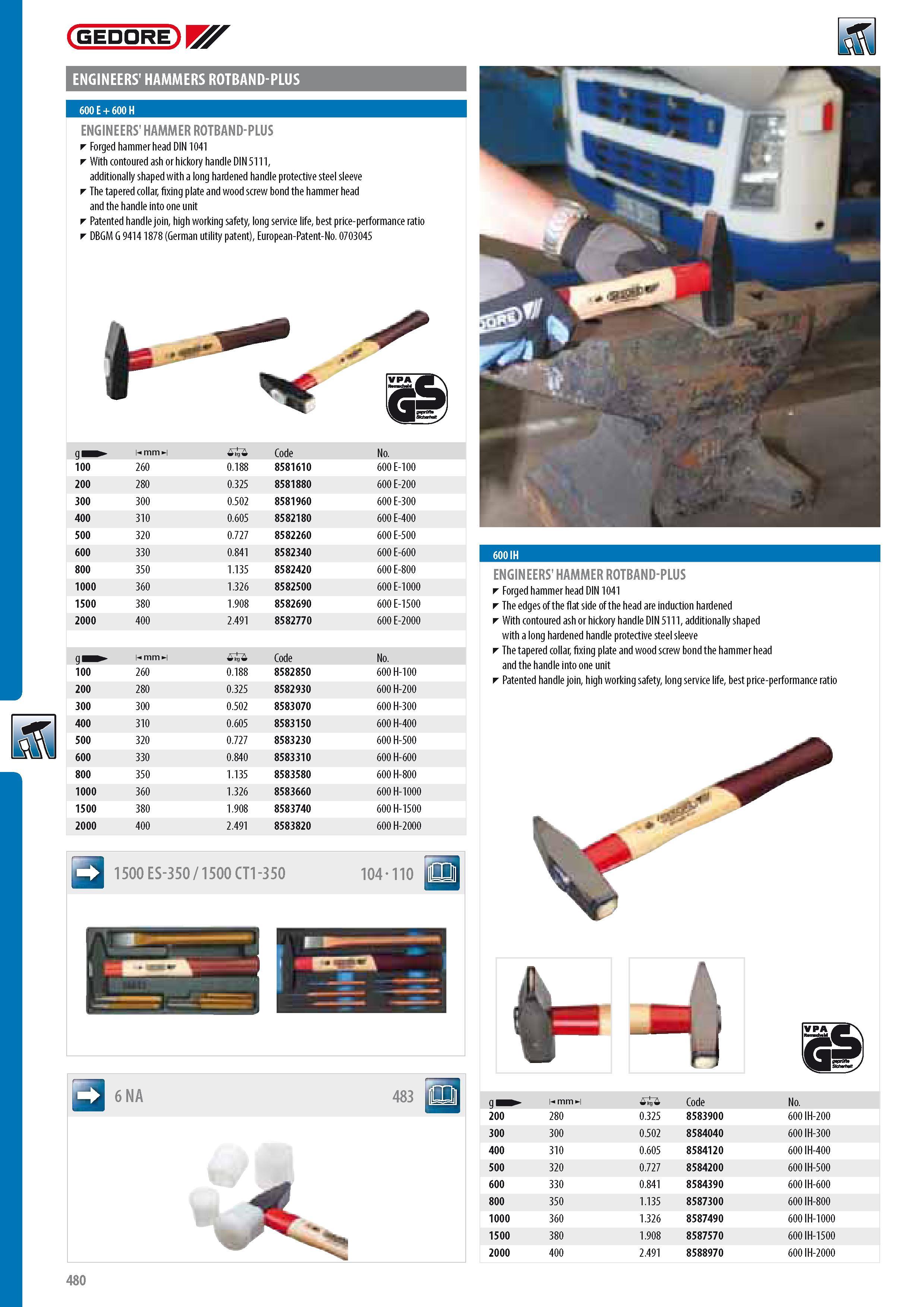 482 GEDORE ENGINEERS' HAMMERS ROTBAND-PLUS 600 E + 600 H ENGINEERS' HAMMER ROTBAND-PLUS Forged hammerhead DIN 1041 With contoured ash or hickory handle DIN 511 Каталог GEDORE 2014 Профессиональный слесарный инструмент и оборудование для мастерских и машиностроительных производств Стр. 480 ENG