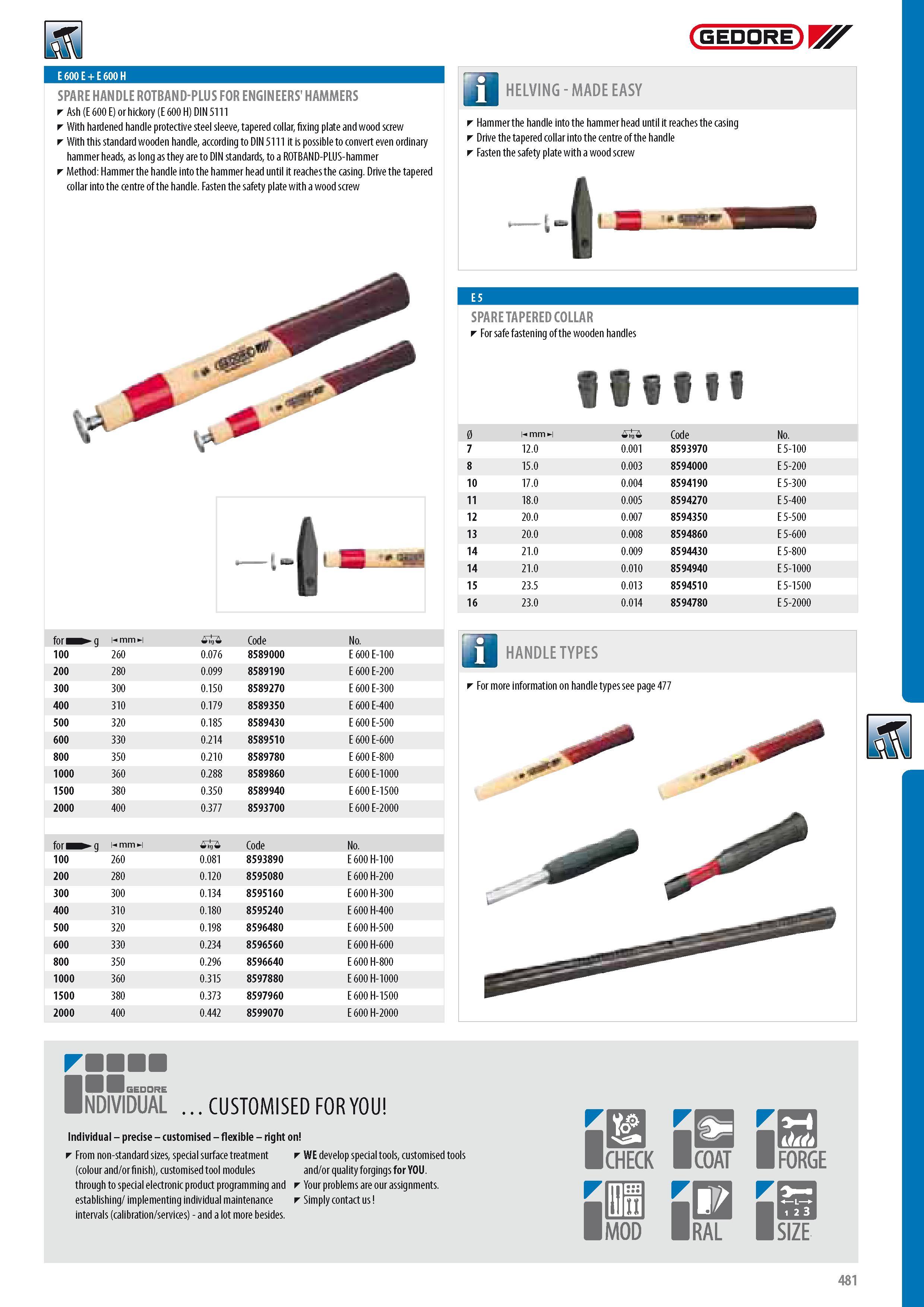 483 GEDORE E 600 E + E 600 H SPARE HANDLE ROTBAND-PLUS FOR ENGINEERS' HAMMERS Ash (E 600 E) or hickory (E 600 H) DIN 5111 With hardened handle protective steel Каталог GEDORE 2014 Профессиональный слесарный инструмент и оборудование для мастерских и машиностроительных производств Стр. 481 ENG