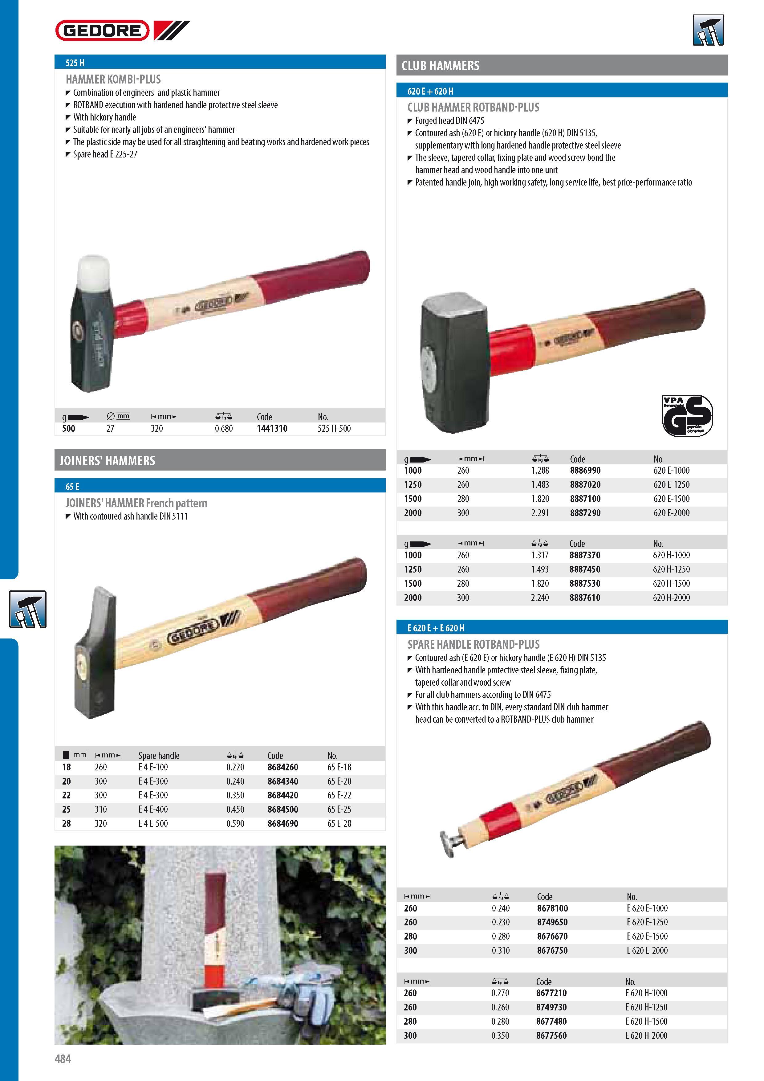 486 GEDORE HAMMER KOMBI-PLUS Combination of engineers' and plastic hammer ROTBAND execution with hardened handle protective steel sleeve With hickory handle Su Каталог GEDORE 2014 Профессиональный слесарный инструмент и оборудование для мастерских и машиностроительных производств Стр. 484 ENG