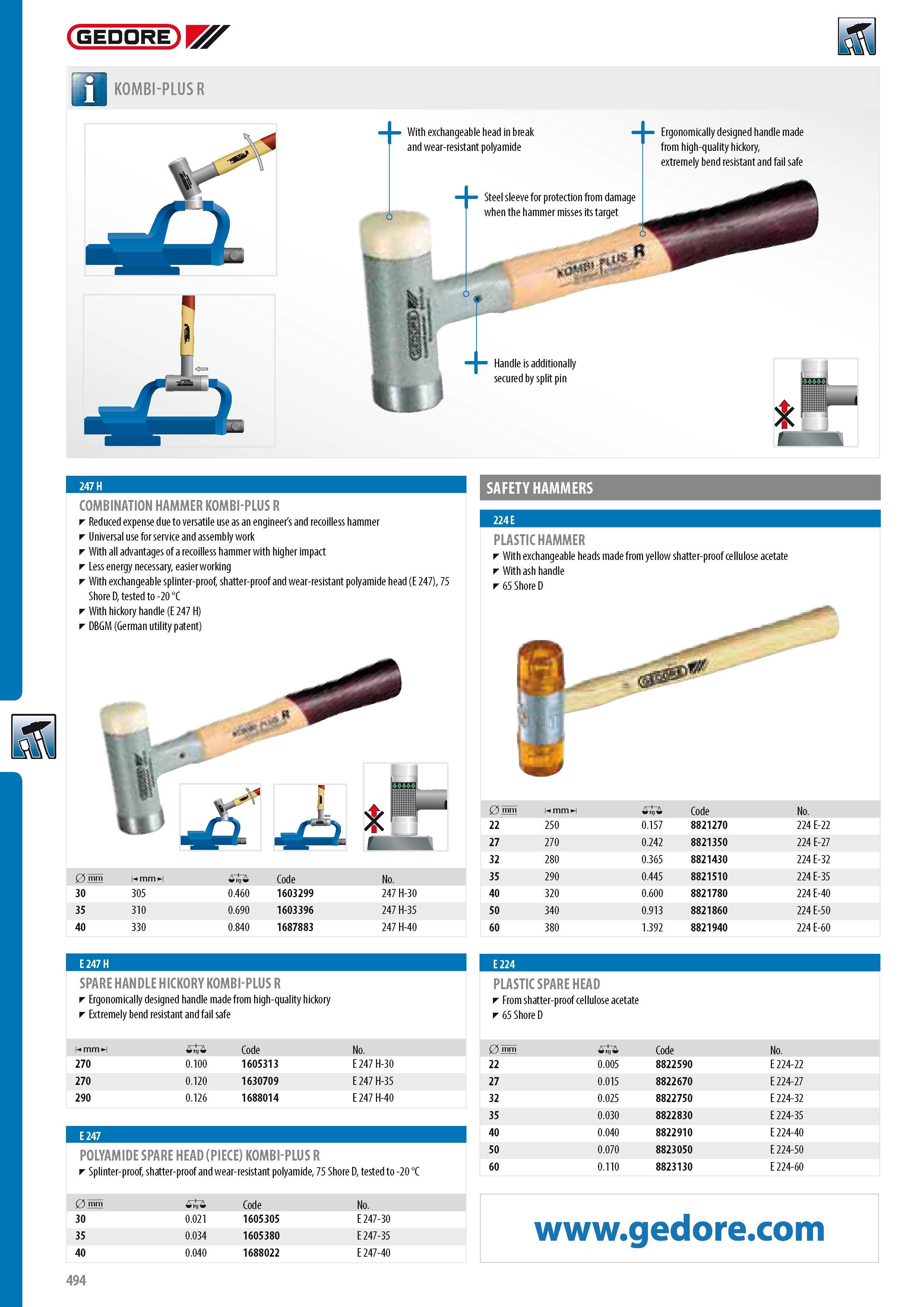 496 GEDORE a KOMBI-PLUS R With exchangeable head in break and wear-resistant polyamide Ergonomically designed handle made from high-quality hickory extremely b Каталог GEDORE 2014 Профессиональный слесарный инструмент и оборудование для мастерских и машиностроительных производств Стр. 494 ENG
