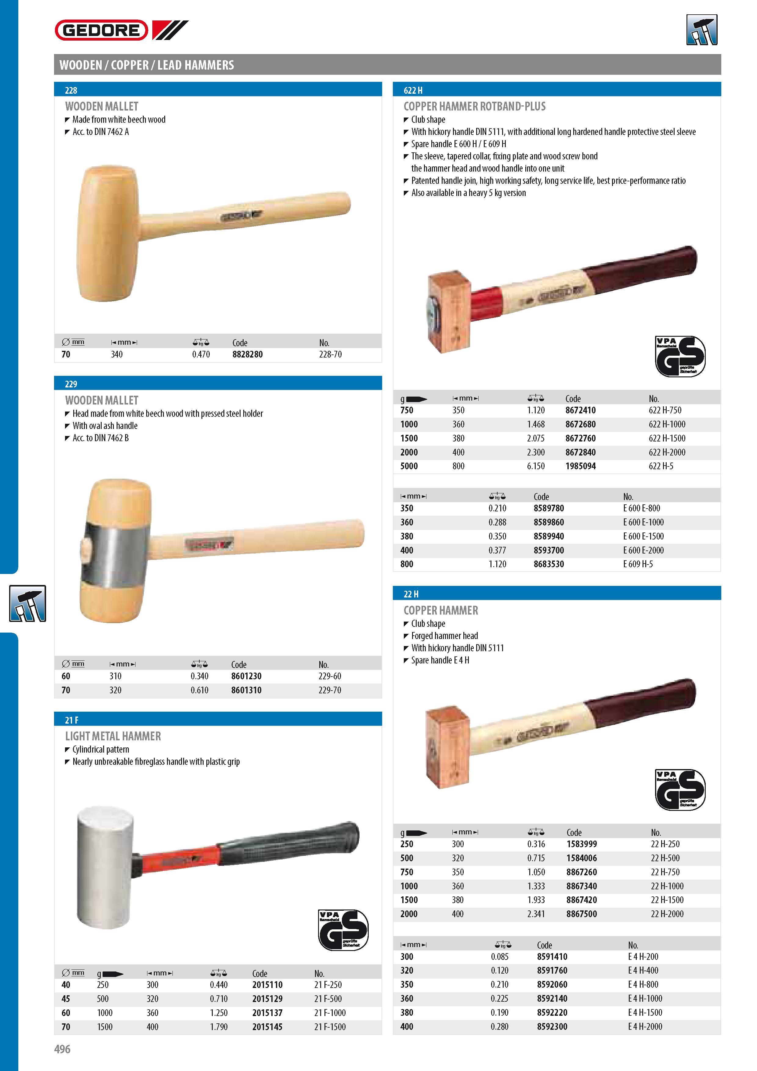 498 GEDORE WOODEN COPPER LEAD HAMMERS WOODEN MALLET Made from white beech wood Acc to DIN 7462 A 0 mm m mm mi -0 Code No 70 340 0 470 8828280 228-70 229 WOODEN Каталог GEDORE 2014 Профессиональный слесарный инструмент и оборудование для мастерских и машиностроительных производств Стр. 496 ENG