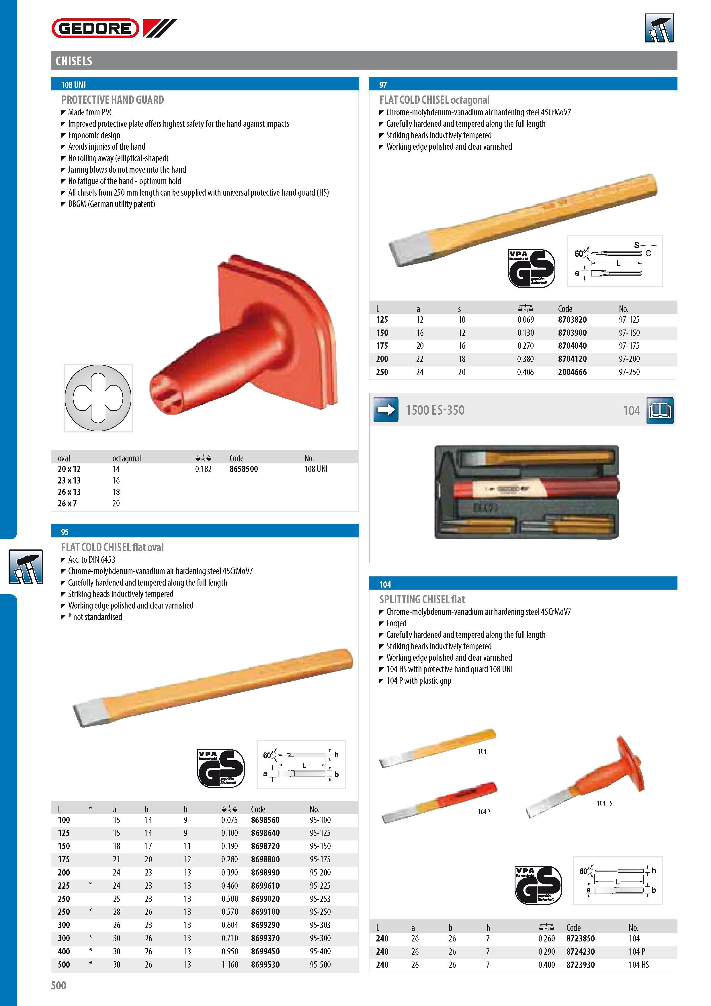 502 GEDORE CHISELS PROTECTIVE HAND GUARD Made from PVC I improved protective plate offers highest safety for the hand against impacts Ergonomic design Avoids i Каталог GEDORE 2014 Профессиональный слесарный инструмент и оборудование для мастерских и машиностроительных производств Стр. 500 ENG