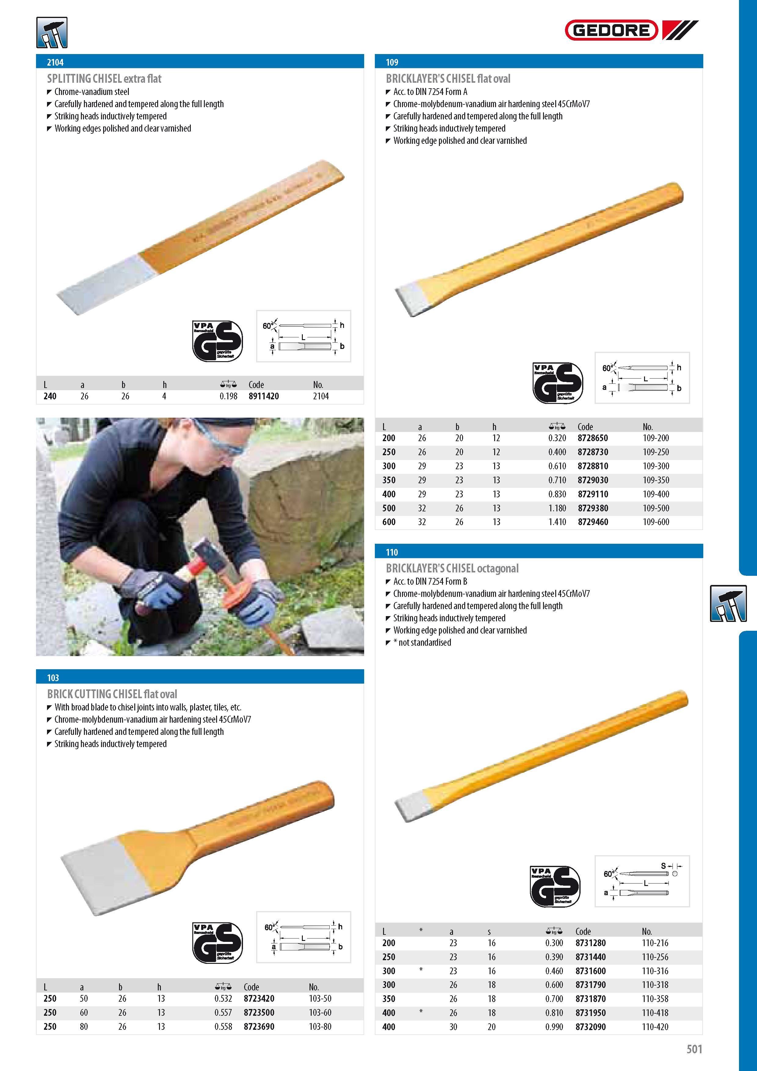 503 GEDORE SPLITTING CHISEL extra flat Chrome-vanadium steel Carefully hardened and tempered along the full length Striking heads inductively tempered Working Каталог GEDORE 2014 Профессиональный слесарный инструмент и оборудование для мастерских и машиностроительных производств Стр. 501 ENG