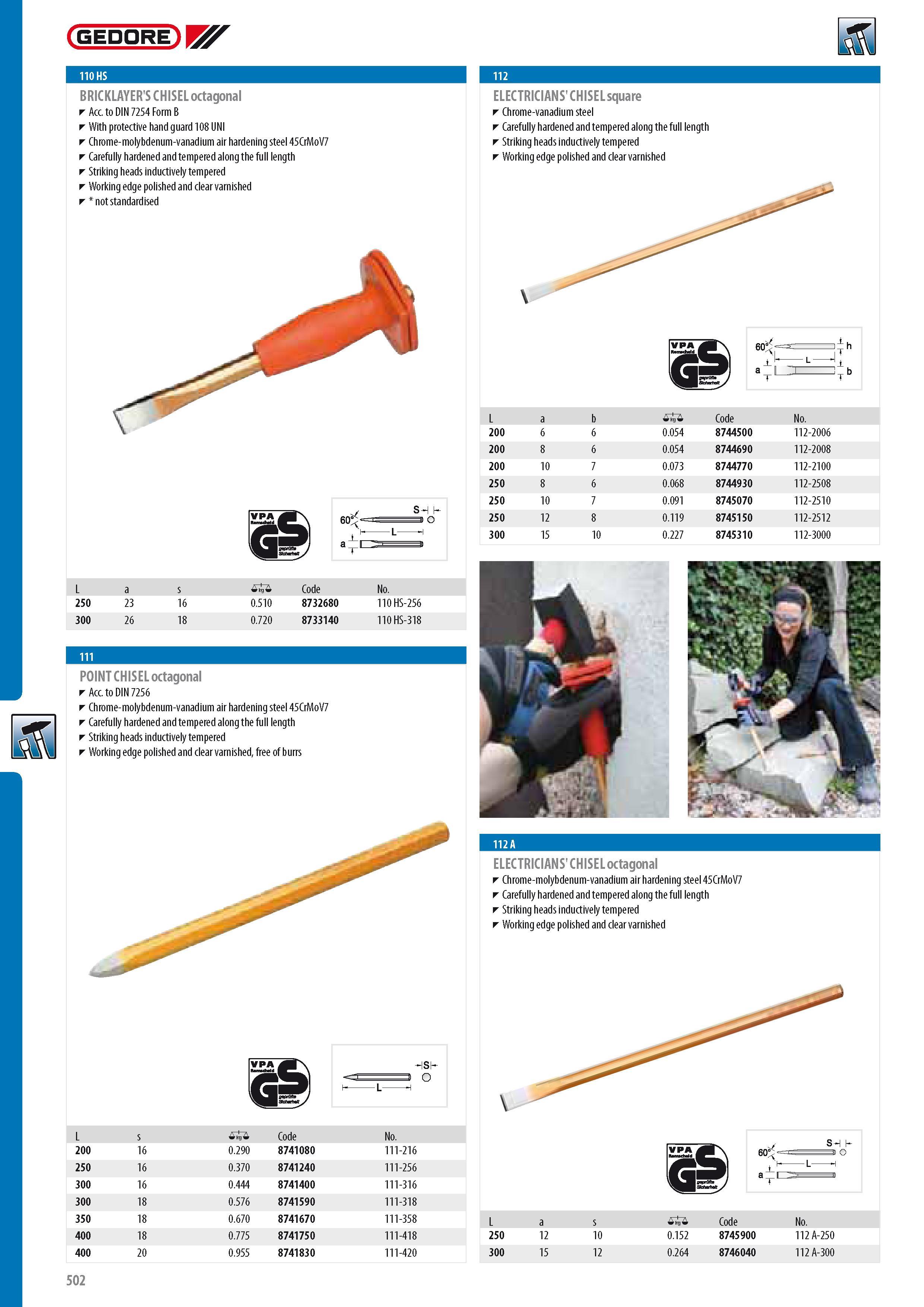 504 GEDORE BRICKLAYER'S CHISEL octagonal Acc to DIN 7254 Form B With protective hand guard 108 UNI Chrome-molybdenum-vanadium air hardening steel 45CrMoV7 Care Каталог GEDORE 2014 Профессиональный слесарный инструмент и оборудование для мастерских и машиностроительных производств Стр. 502 ENG