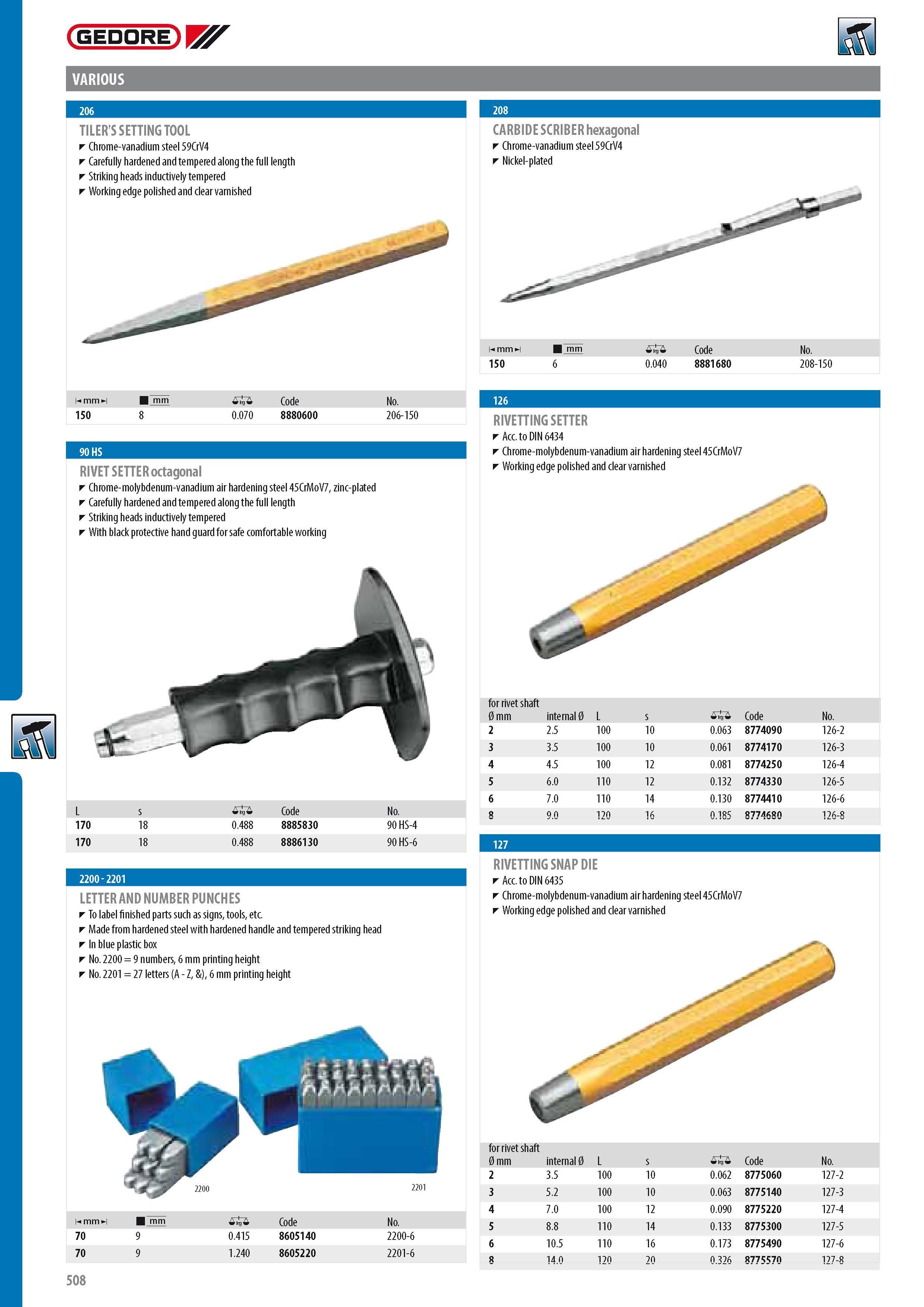 510 GEDORE VARIOUS TILER'S SETTING TOOL Chrome-vanadium steel 59CrV4 Carefully hardened and tempered along the full length Striking heads inductively tempered Каталог GEDORE 2014 Профессиональный слесарный инструмент и оборудование для мастерских и машиностроительных производств Стр. 508 ENG
