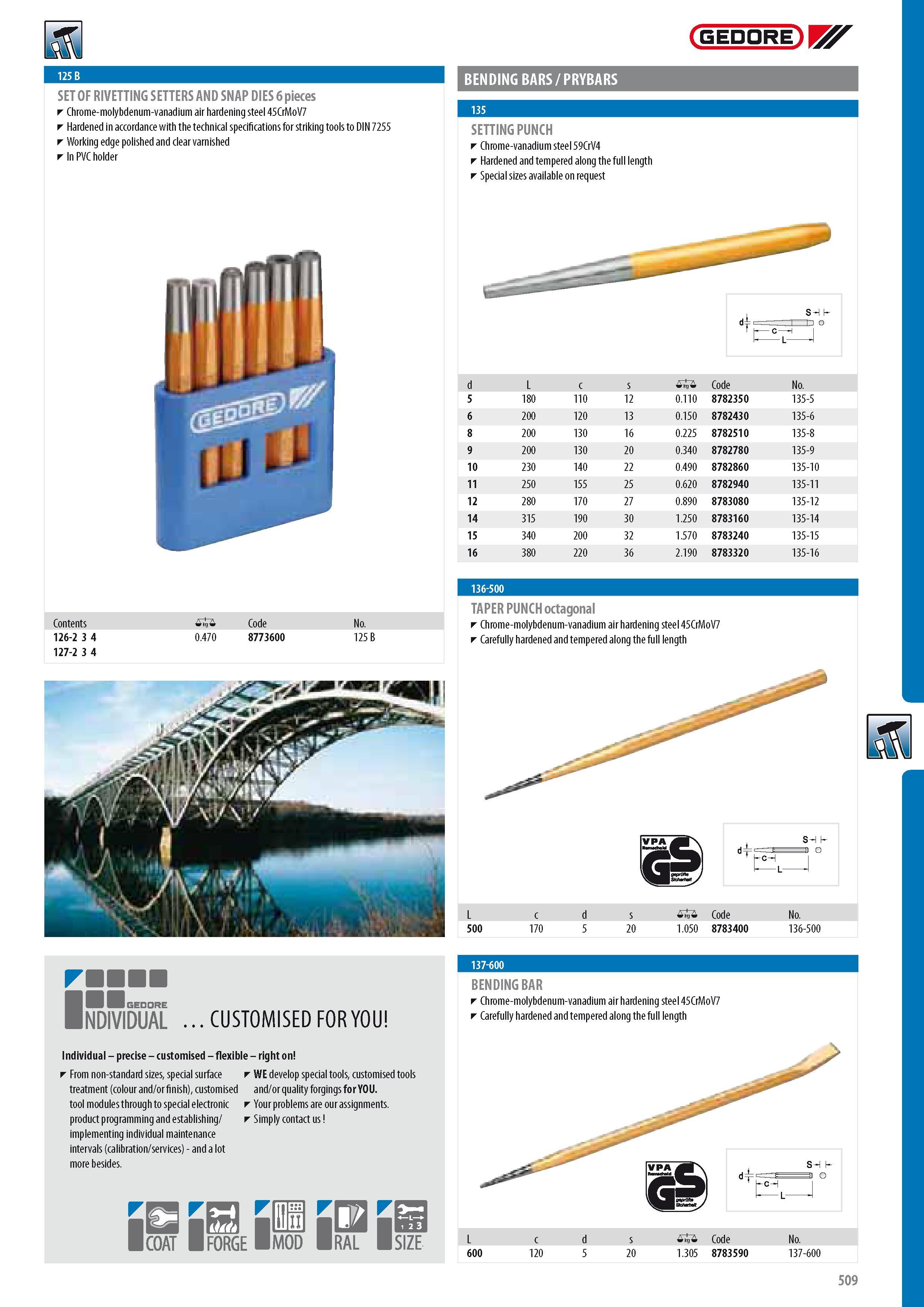 511 GEDORE SET OF RIVETTING SETTERS AND SNAP DIES 6 pieces Chrome-molybdenum-vanadium air hardening steel 45CrMoV7 Hardened in accordance with the technical sp Каталог GEDORE 2014 Профессиональный слесарный инструмент и оборудование для мастерских и машиностроительных производств Стр. 509 ENG
