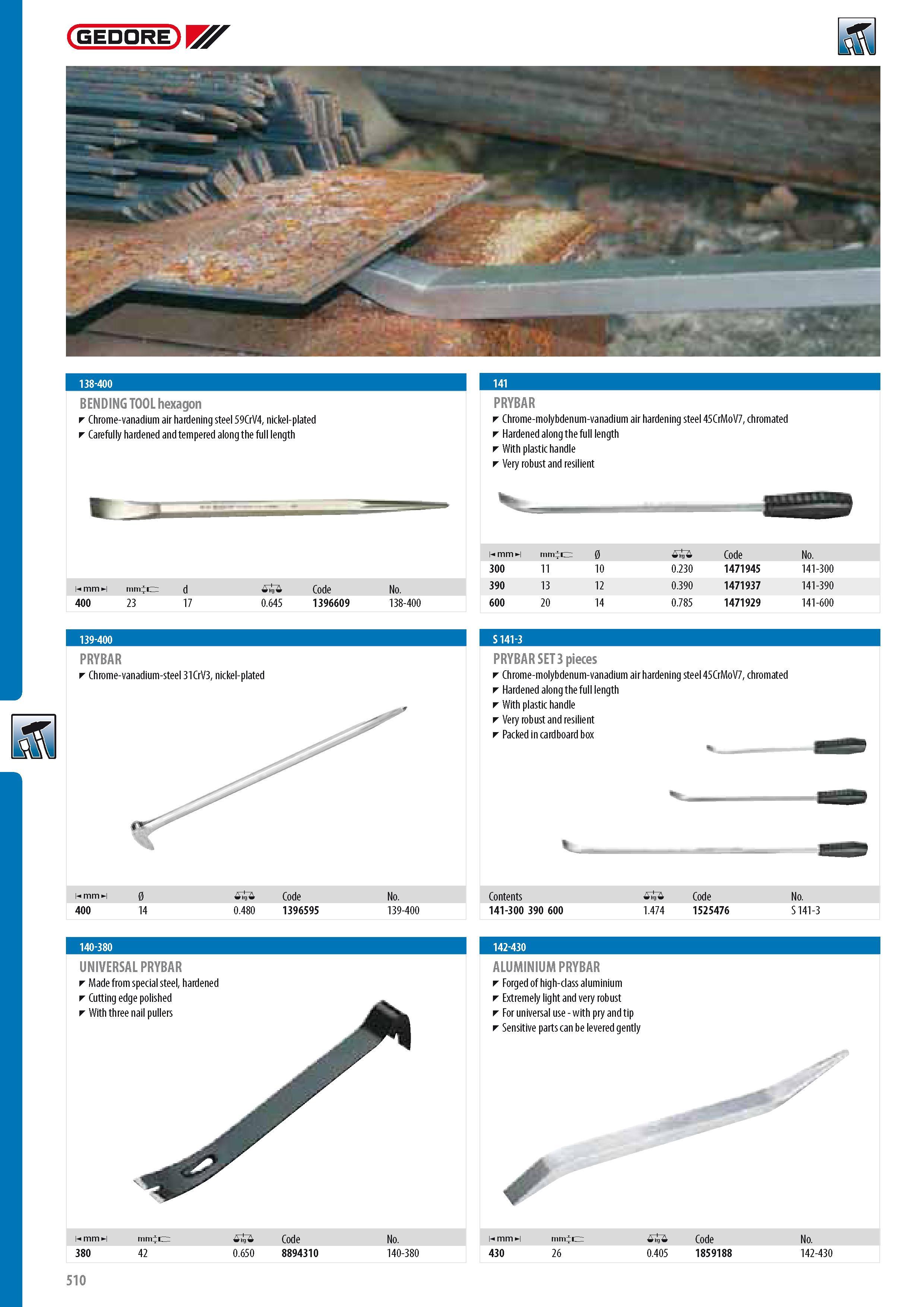 512 BENDING TOOL hexagon Chrome-vanadium air hardening steel 59CrV4 nickel-plated Carefully hardened and tempered along the full length PRYBAR Chrome-molybdenu Каталог GEDORE 2014 Профессиональный слесарный инструмент и оборудование для мастерских и машиностроительных производств Стр. 510 ENG